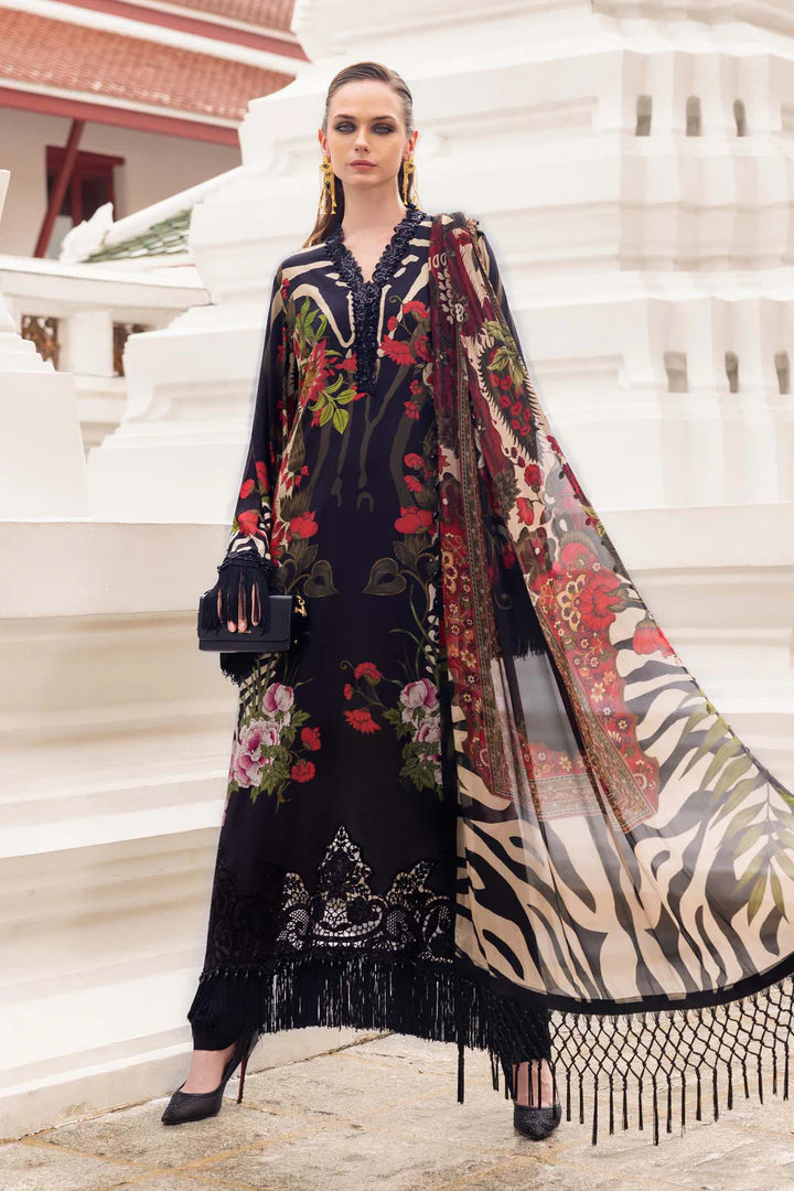 Maria B M-Prints MPT-2810-B black printed linen stitched suit with silk dupatta, available worldwide at Pakistanimoda.