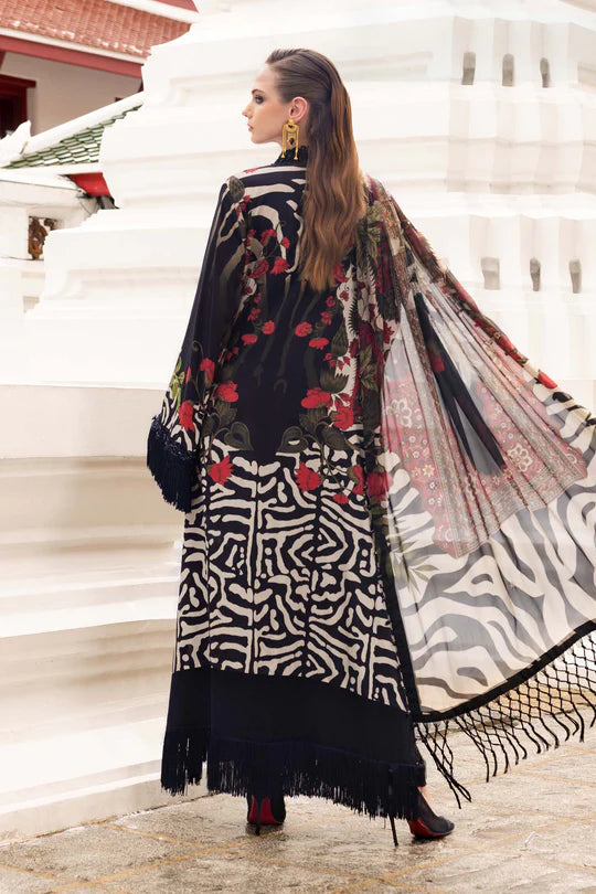 Maria B M-Prints MPT-2810-B black printed linen stitched suit with silk dupatta, available worldwide at Pakistanimoda.