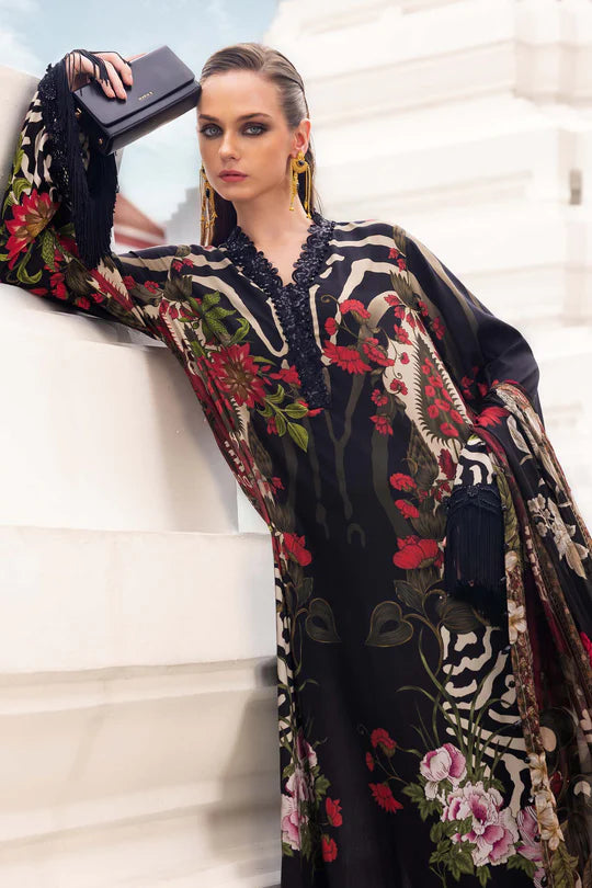 Maria B M-Prints MPT-2810-B black printed linen stitched suit with silk dupatta, available worldwide at Pakistanimoda.