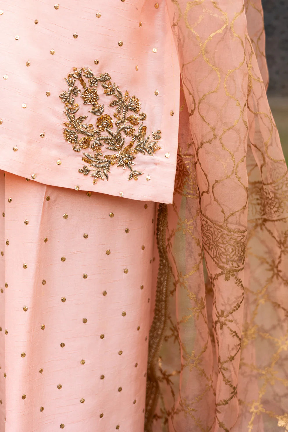 Maahi- Peach and Gold Farshi Shalwar Suit