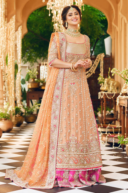 Mabiha- Pakistani Gold Tissue Bridal Shirt with Fuchsia Lehenga