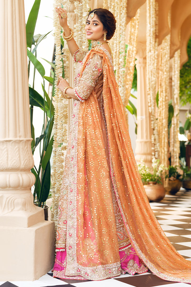 Mabiha- Pakistani Gold Tissue Bridal Shirt with Fuchsia Lehenga