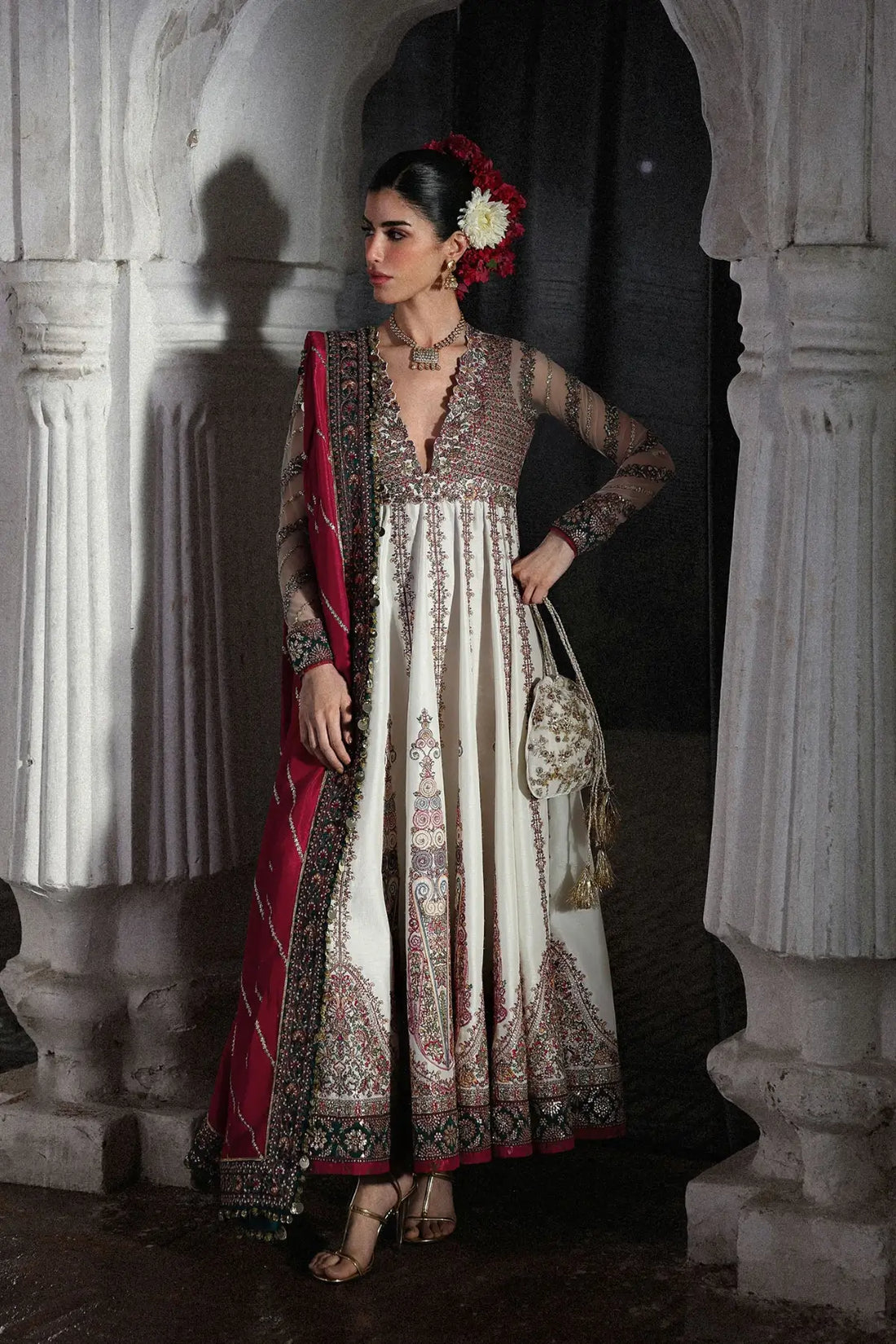 Pakistanimoda Madhu Bala Hussain Rehar ivory stitched raw silk pishwas 3PC chooridar korean silk shawl worldwide delivery