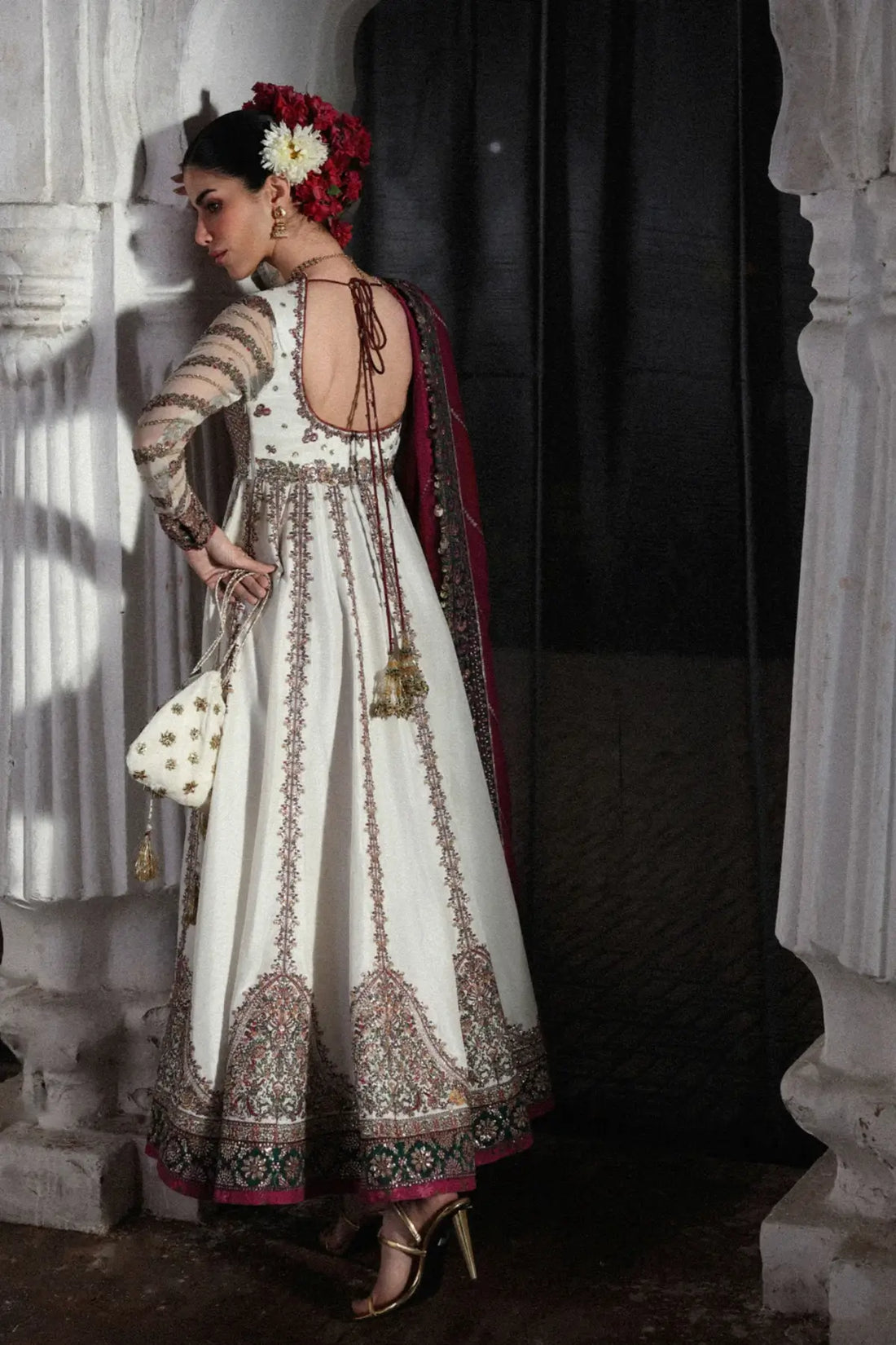 Pakistanimoda Madhu Bala Hussain Rehar ivory stitched raw silk pishwas 3PC chooridar korean silk shawl worldwide delivery