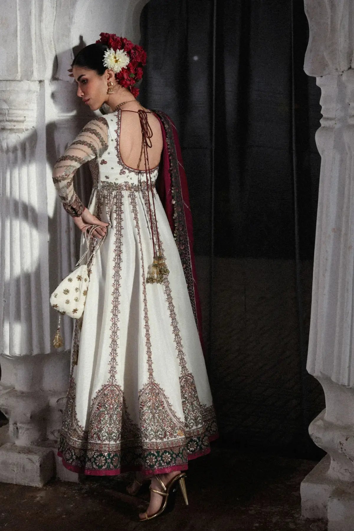 Pakistanimoda Madhu Bala Hussain Rehar ivory stitched raw silk pishwas 3PC chooridar korean silk shawl worldwide delivery