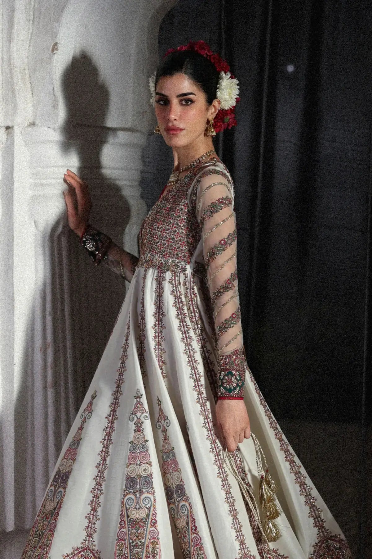 Pakistanimoda Madhu Bala Hussain Rehar ivory stitched raw silk pishwas 3PC chooridar korean silk shawl worldwide delivery