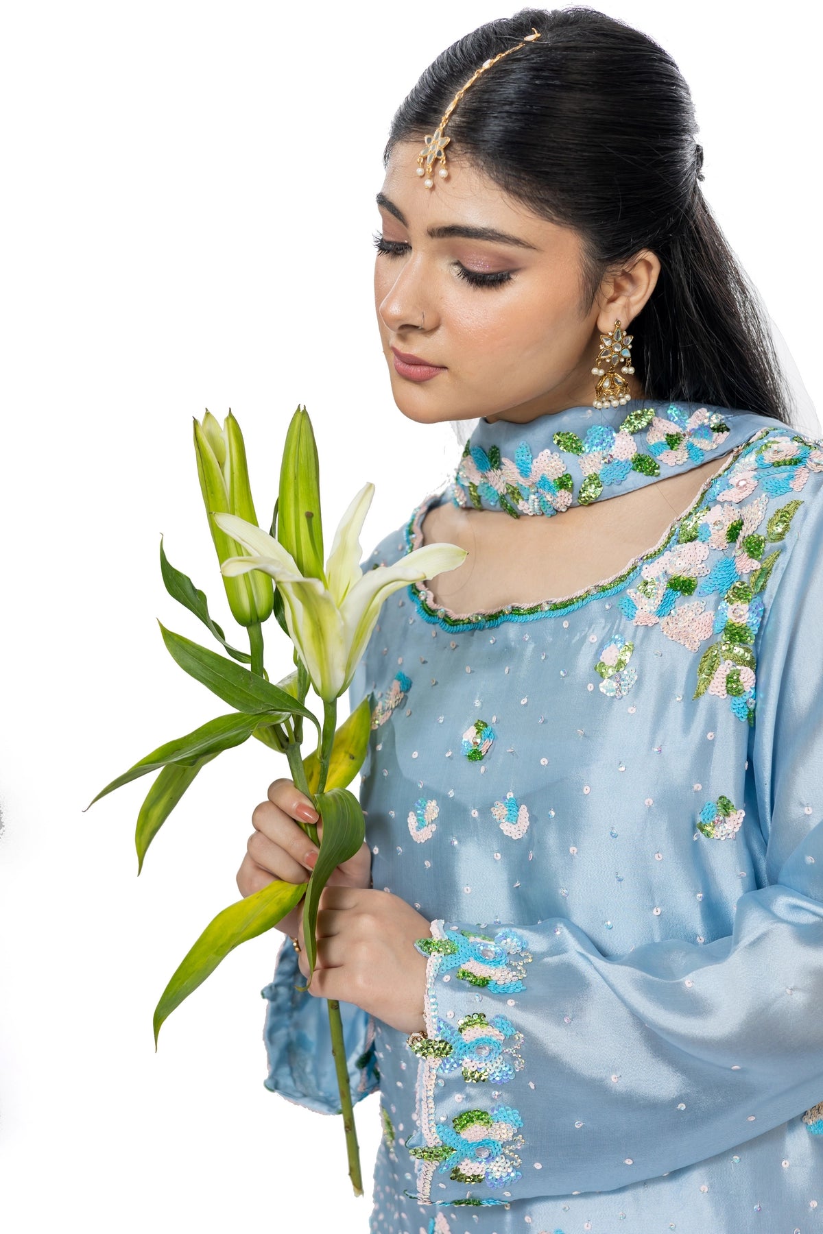 Madhubala periwinkle blue sequin handwork Sheesha silk suit with organza dupatta by MariamRaj