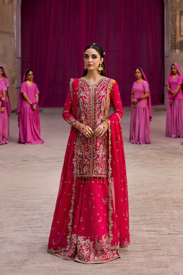 Maelissa pink chiffon embroidered formal suit with organza lace details, raw silk trouser, and chiffon dupatta by Emaan Adeel, luxury wear for weddings.