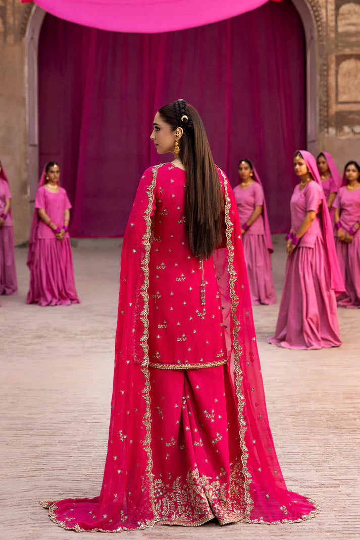 Maelissa pink chiffon embroidered formal suit with organza lace details, raw silk trouser, and chiffon dupatta by Emaan Adeel, luxury wear for weddings.