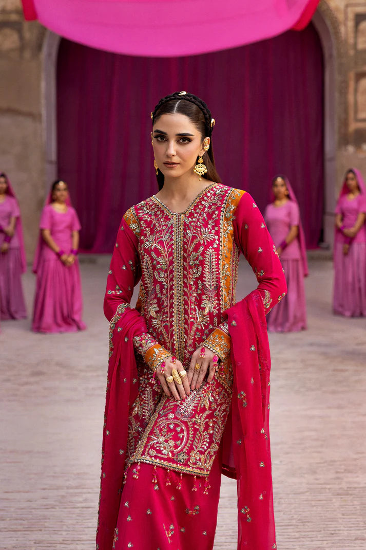 Maelissa pink chiffon embroidered formal suit with organza lace details, raw silk trouser, and chiffon dupatta by Emaan Adeel, luxury wear for weddings.
