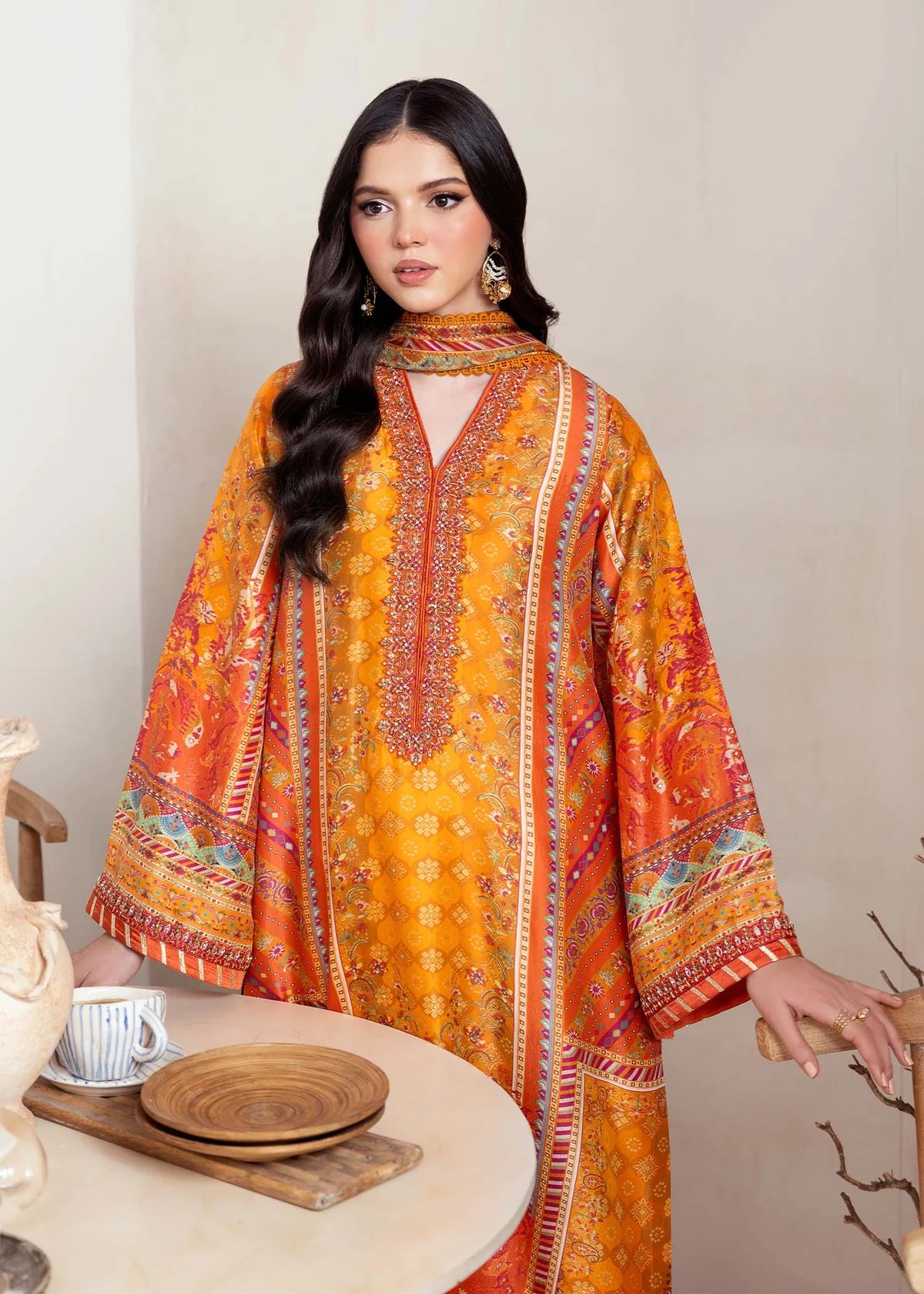 Maesha-Designer orange silk ensemble with traditional accents by-Kanwal Malik