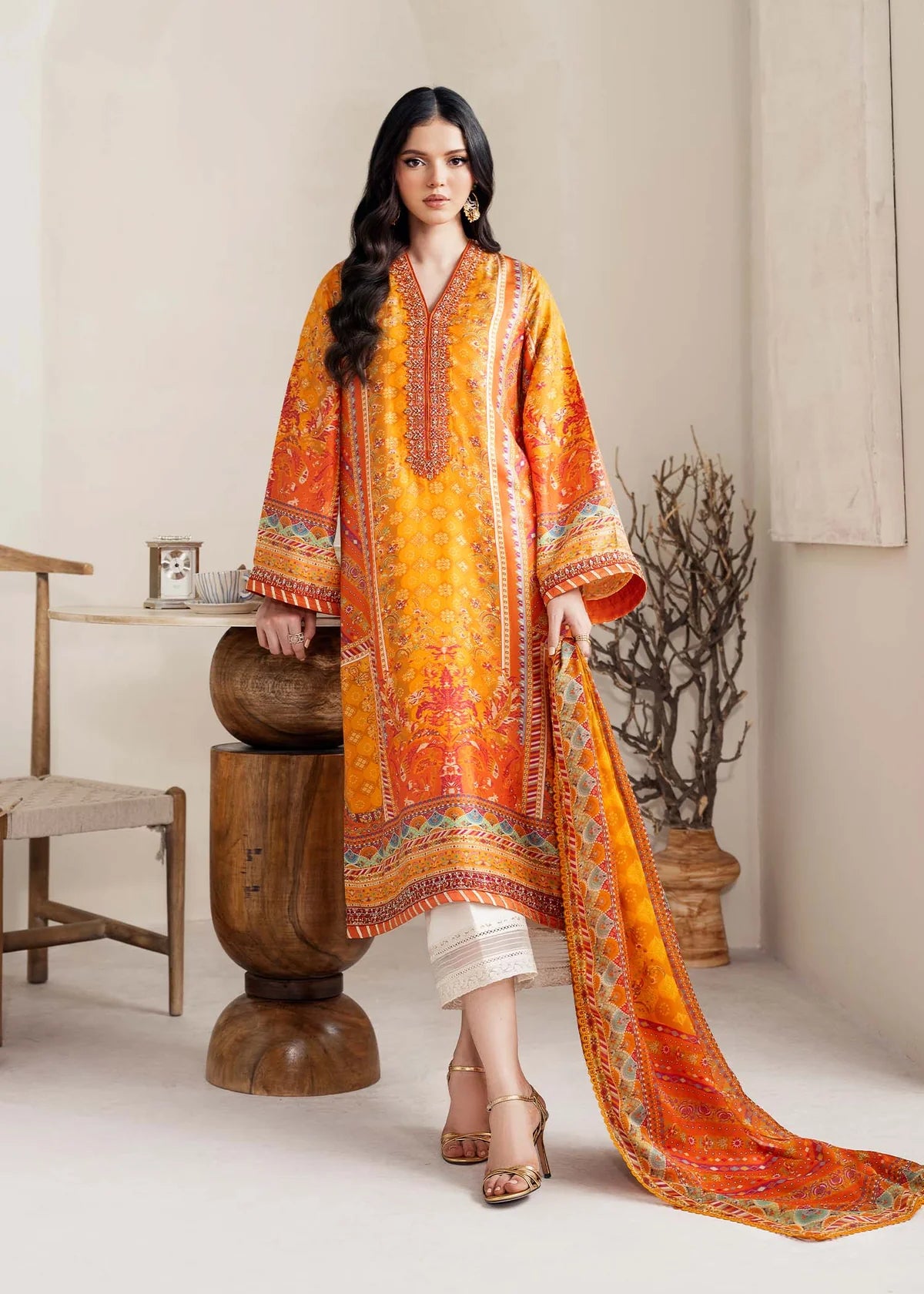 Maesha-Designer orange silk ensemble with traditional accents by-Kanwal Malik