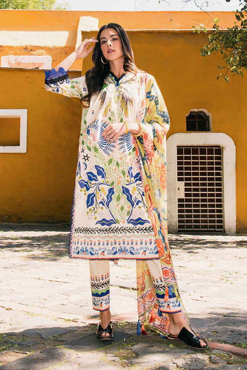 Magnolias- Designer off white lawn suit with printed silk dupatta By- Mushq