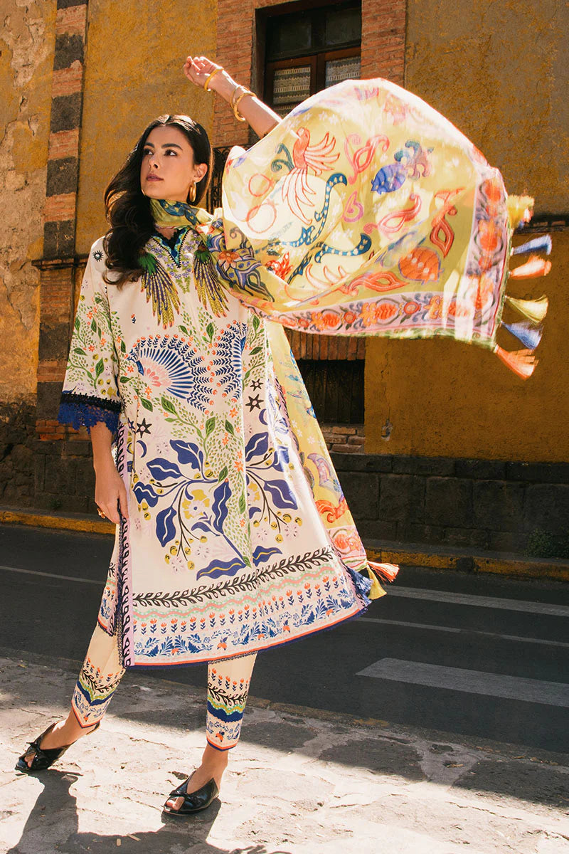 Magnolias- Designer off white lawn suit with printed silk dupatta By- Mushq