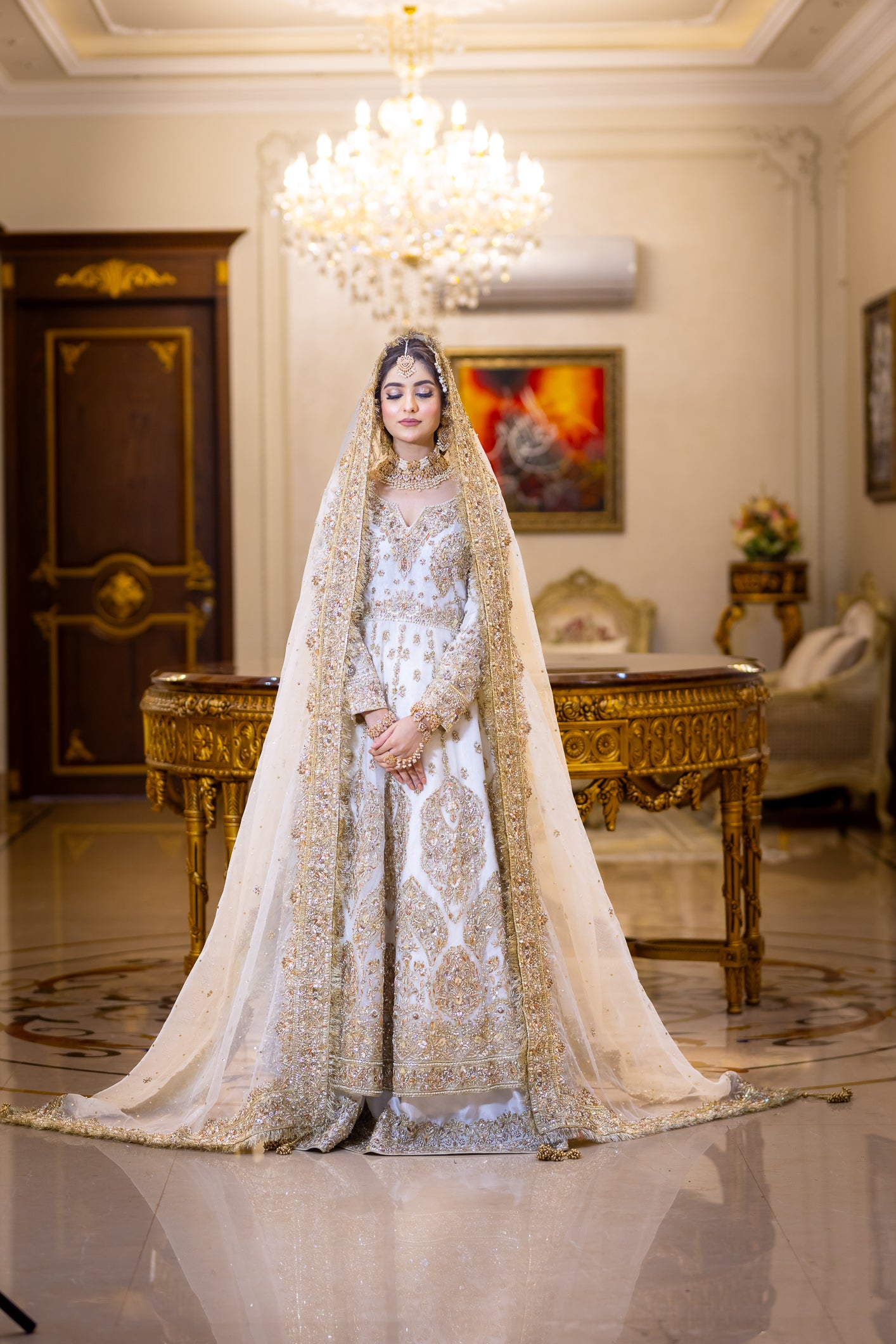 Mah-e-Noor - Traditional White Pure Organza Outfit for Brides
