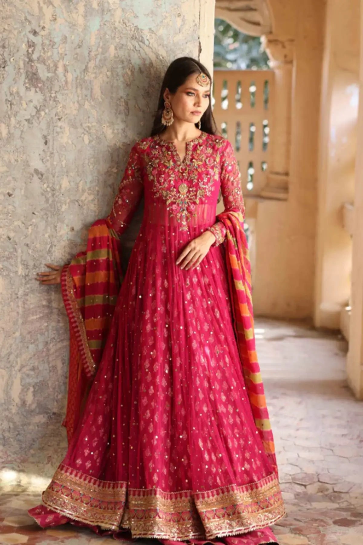 Maha Fuchsia Pink Embellished Net Dholki Pishwas with Gold Embroidery, Cotton Brocade Lehenga and Pink Orange Striped Chiffon Dupatta