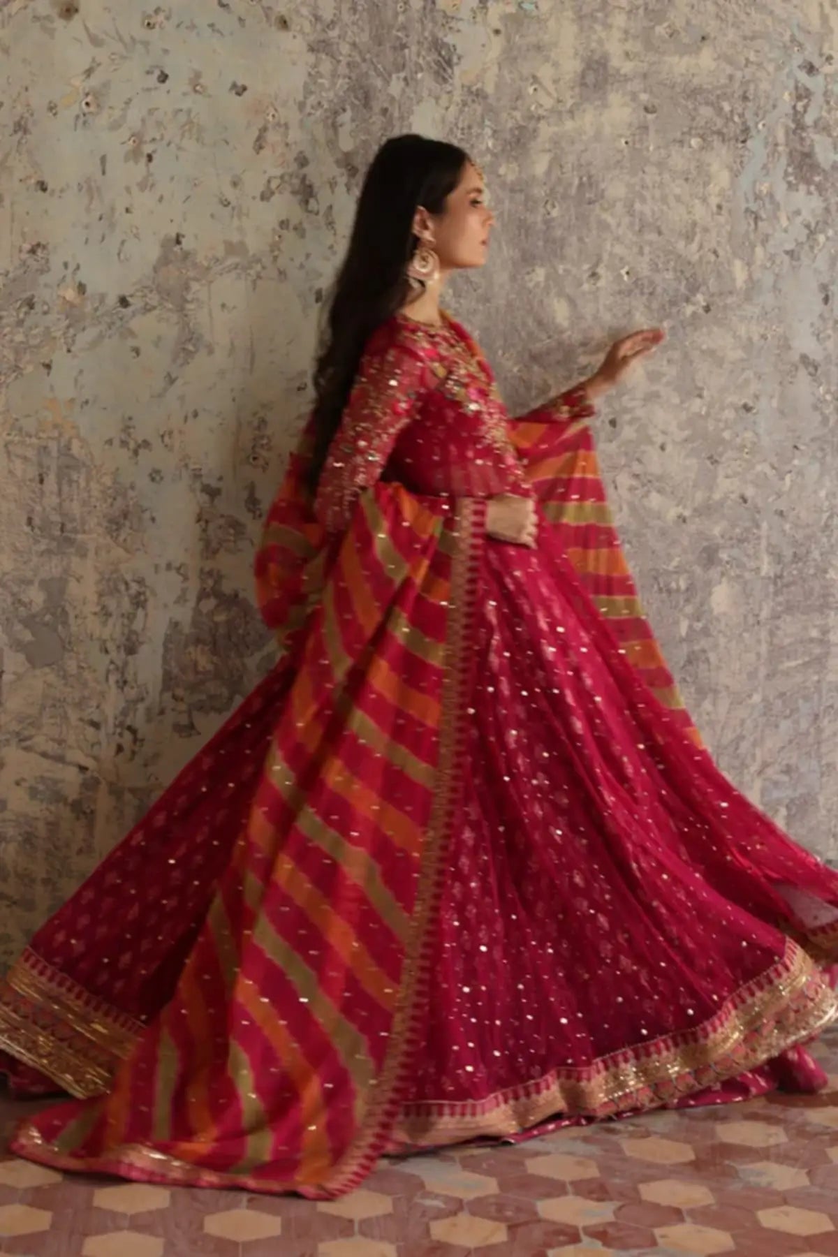 Maha Fuchsia Pink Embellished Net Dholki Pishwas with Gold Embroidery, Cotton Brocade Lehenga and Pink Orange Striped Chiffon Dupatta