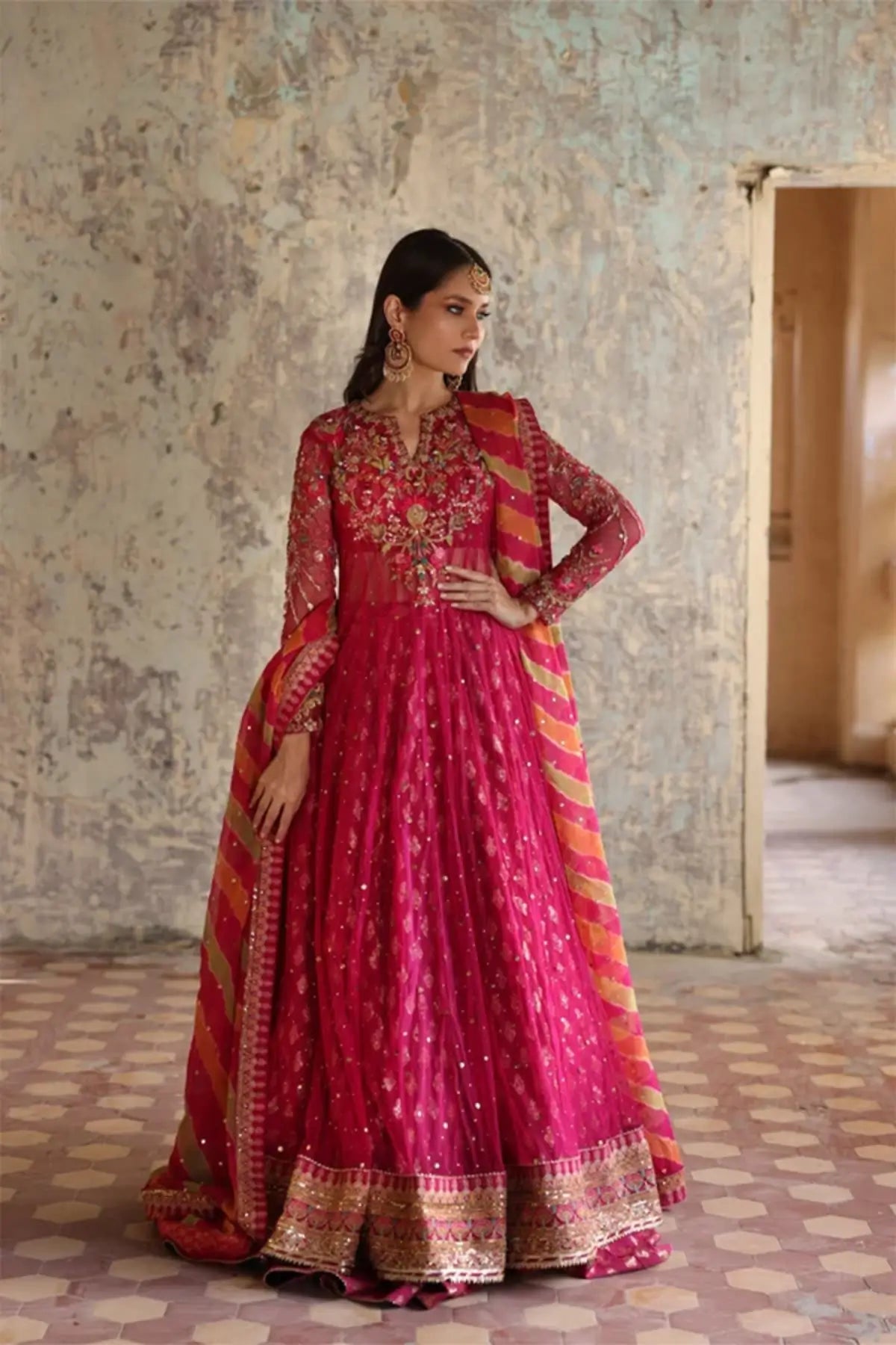 Maha Fuchsia Pink Embellished Net Dholki Pishwas with Gold Embroidery, Cotton Brocade Lehenga and Pink Orange Striped Chiffon Dupatta
