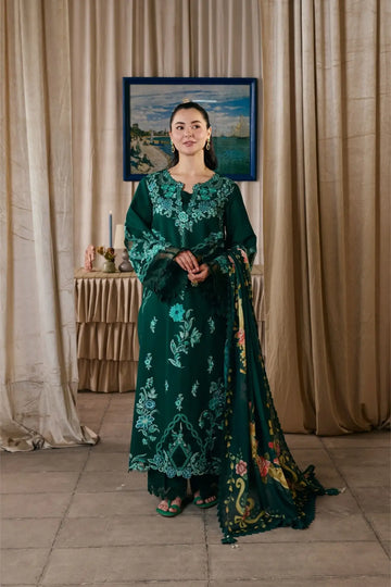 Maheer Maryam Hussain Emerald Green Embroidered Lawn 3PC Suit with Printed Silk Dupatta