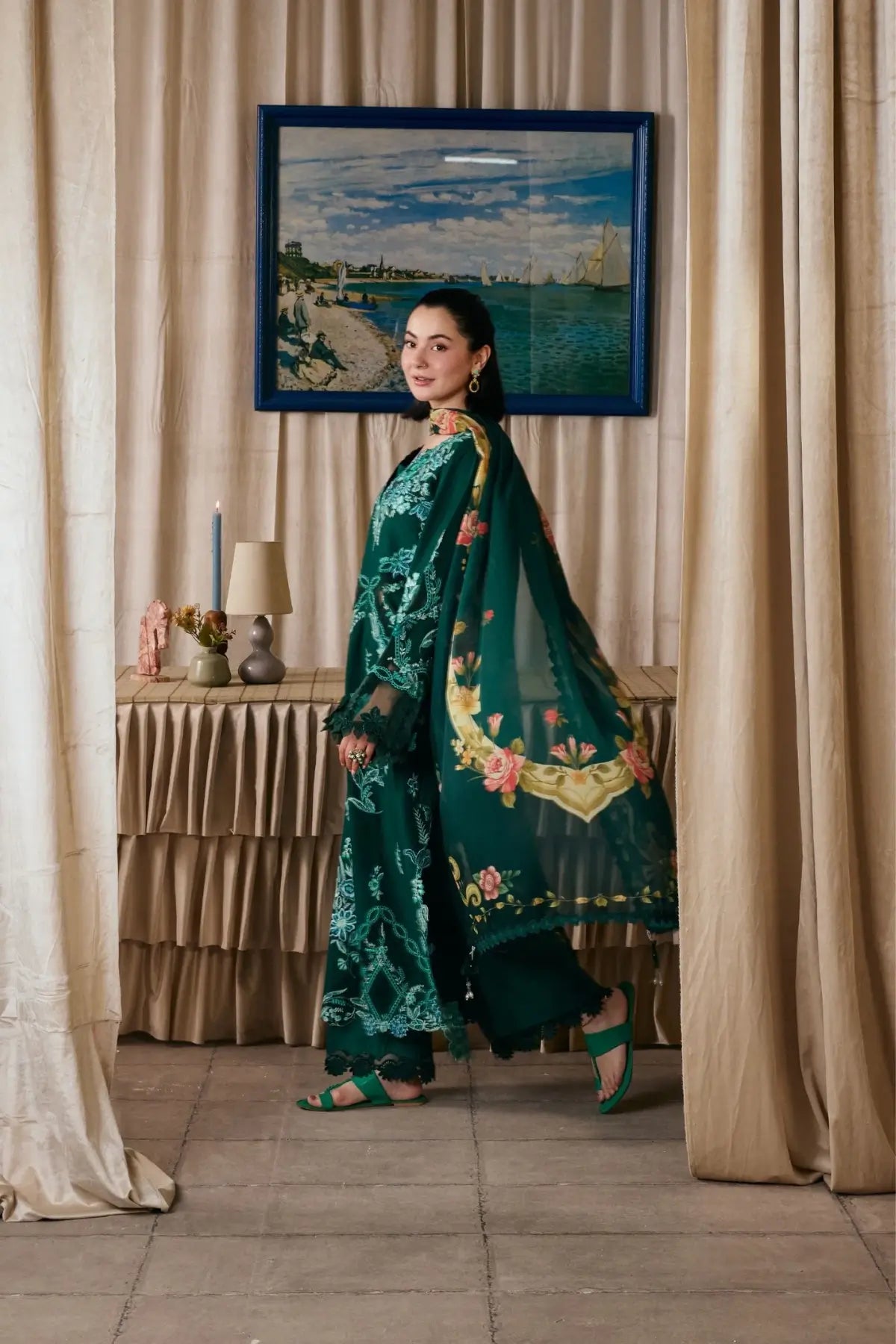 Maheer Maryam Hussain Emerald Green Embroidered Lawn 3PC Suit with Printed Silk Dupatta