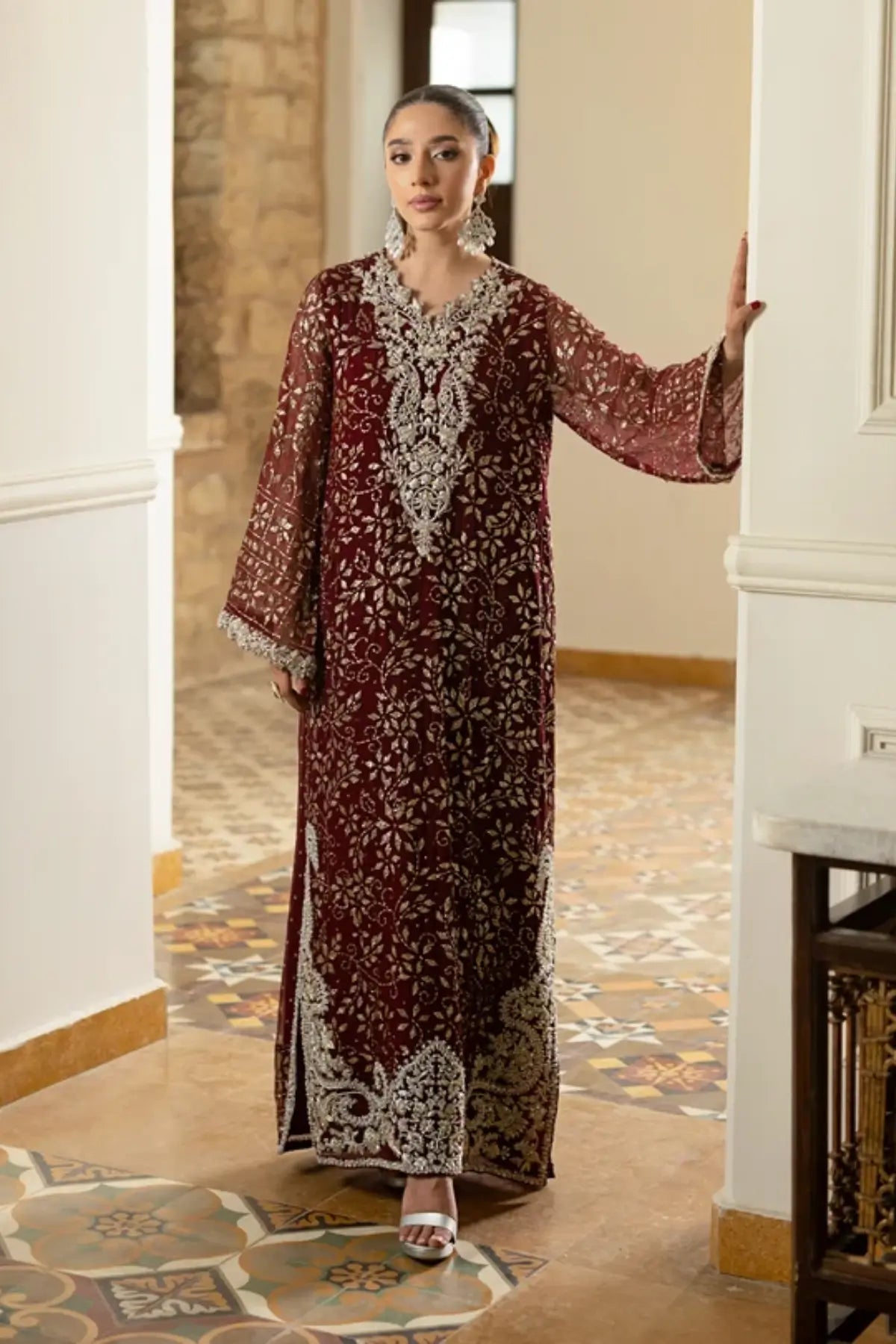 Mahera maroon chiffon embellished stitched reception kaftan with floral Mukesh jaal and intricate Zardozi embroidery