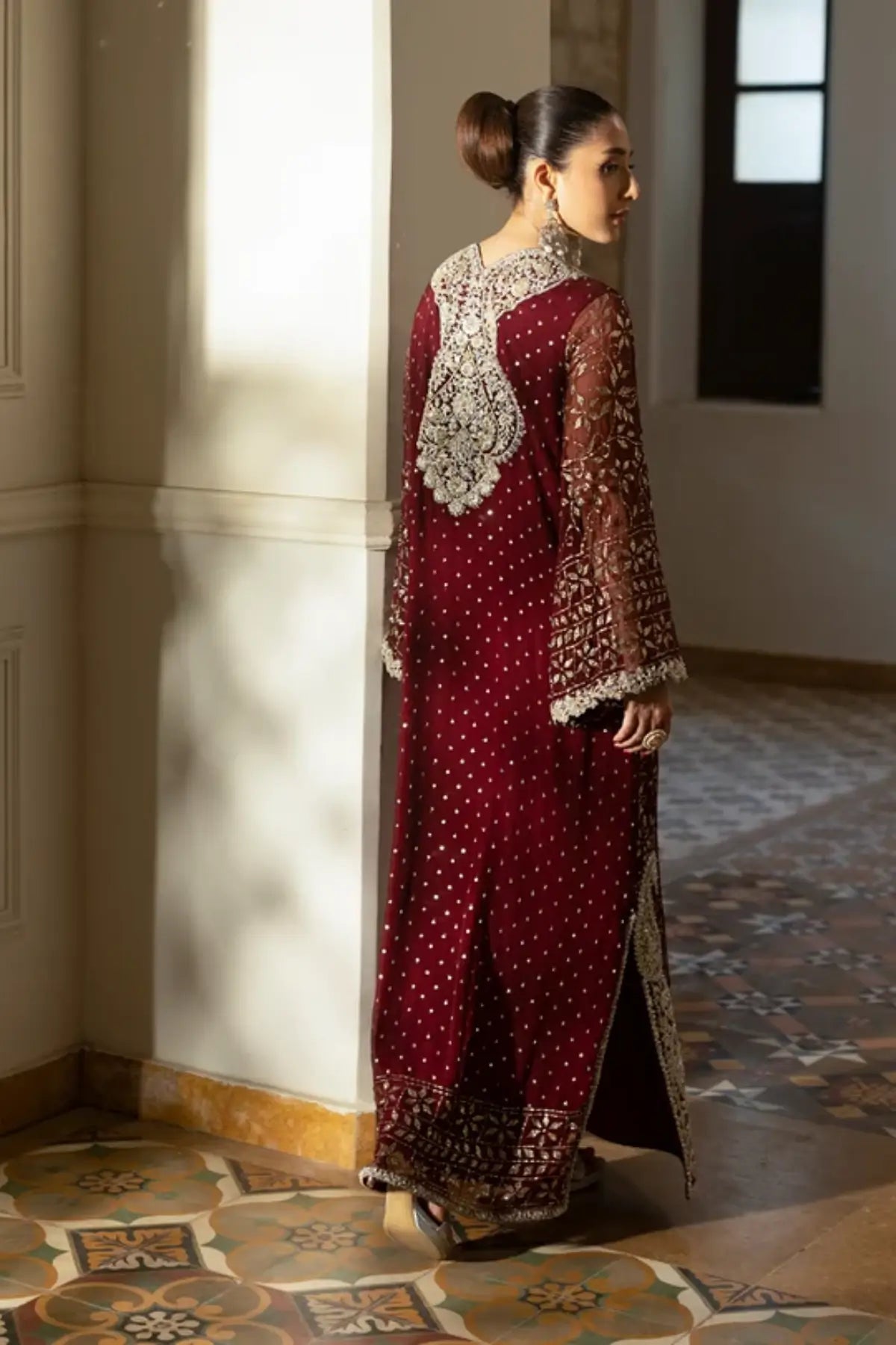 Mahera maroon chiffon embellished stitched reception kaftan with floral Mukesh jaal and intricate Zardozi embroidery