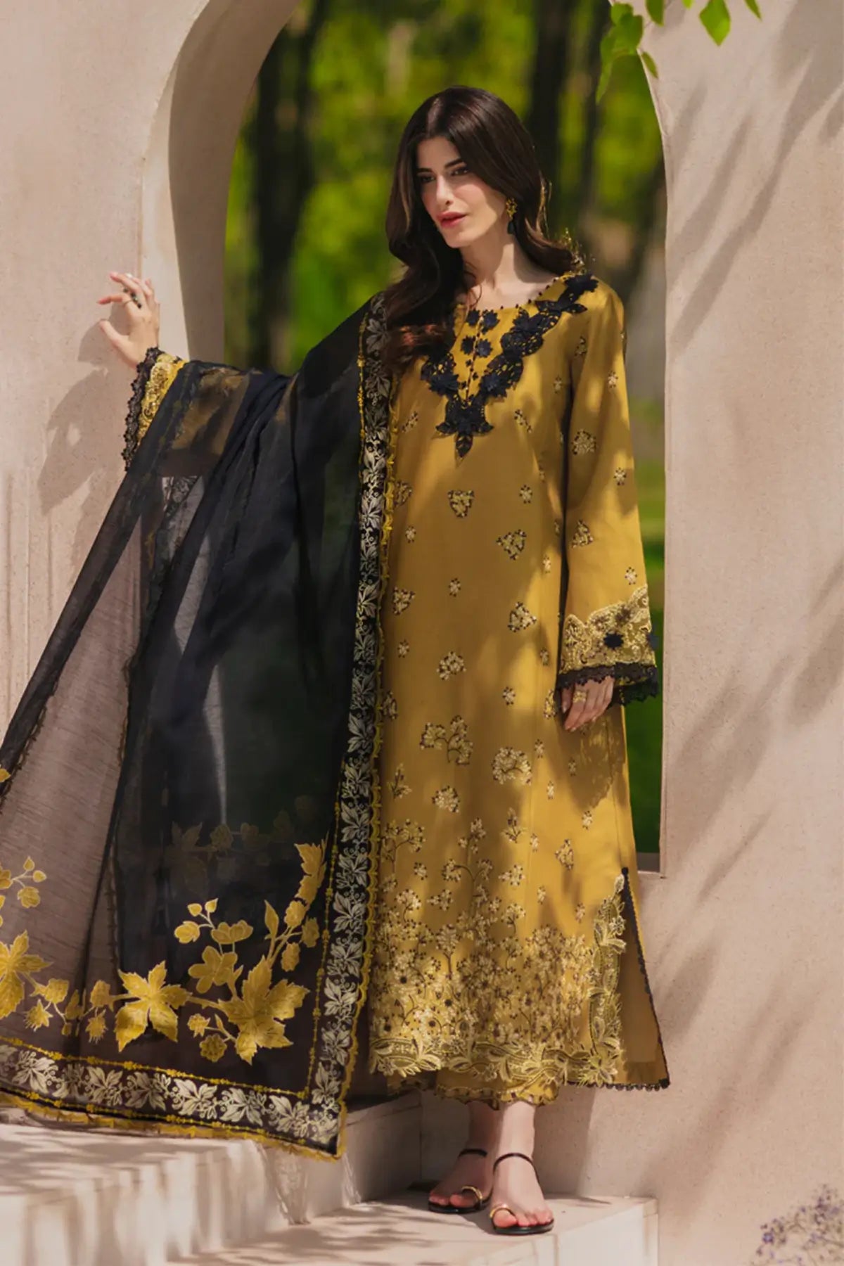 Mahi khaki stitched lawn 3PC suit with embroidered shirt and dupatta Eid wear Rang Rasiya