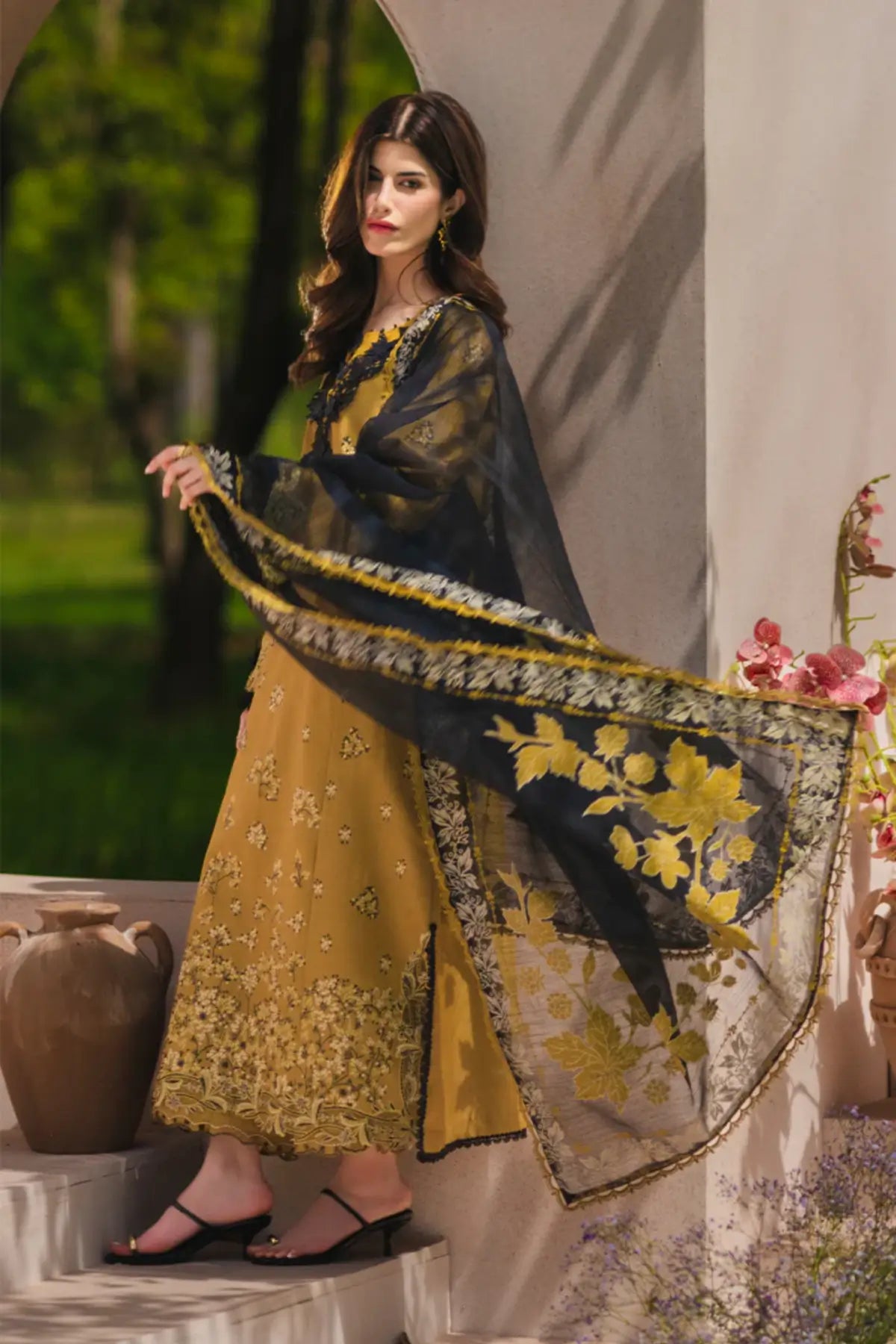 Mahi khaki stitched lawn 3PC suit with embroidered shirt and dupatta Eid wear Rang Rasiya