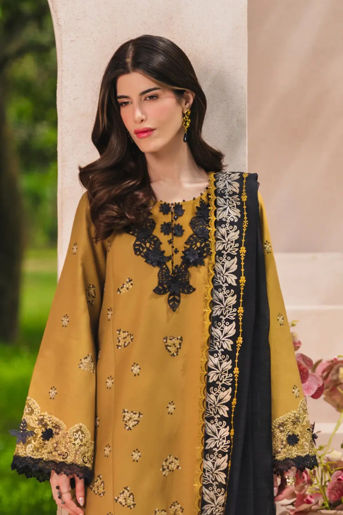 Mahi khaki stitched lawn 3PC suit with embroidered shirt and dupatta Eid wear Rang Rasiya