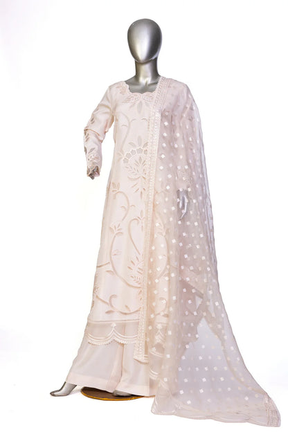Mahjabeen – Festive Wear Pearl White Suit with Elegant Cutwork