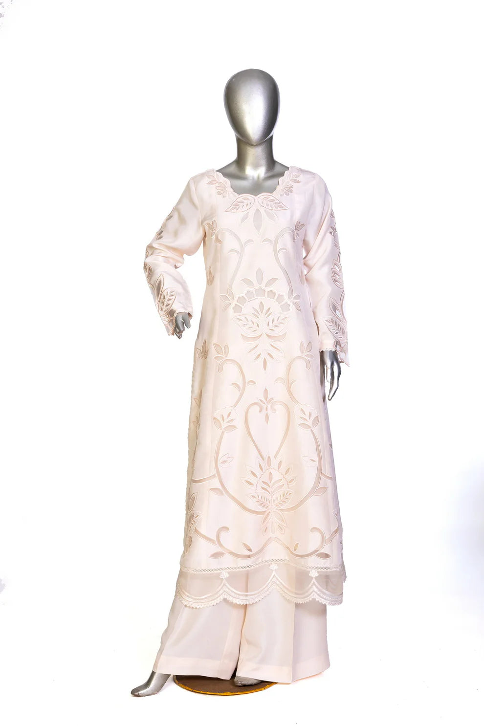 Mahjabeen – Festive Wear Pearl White Suit with Elegant Cutwork