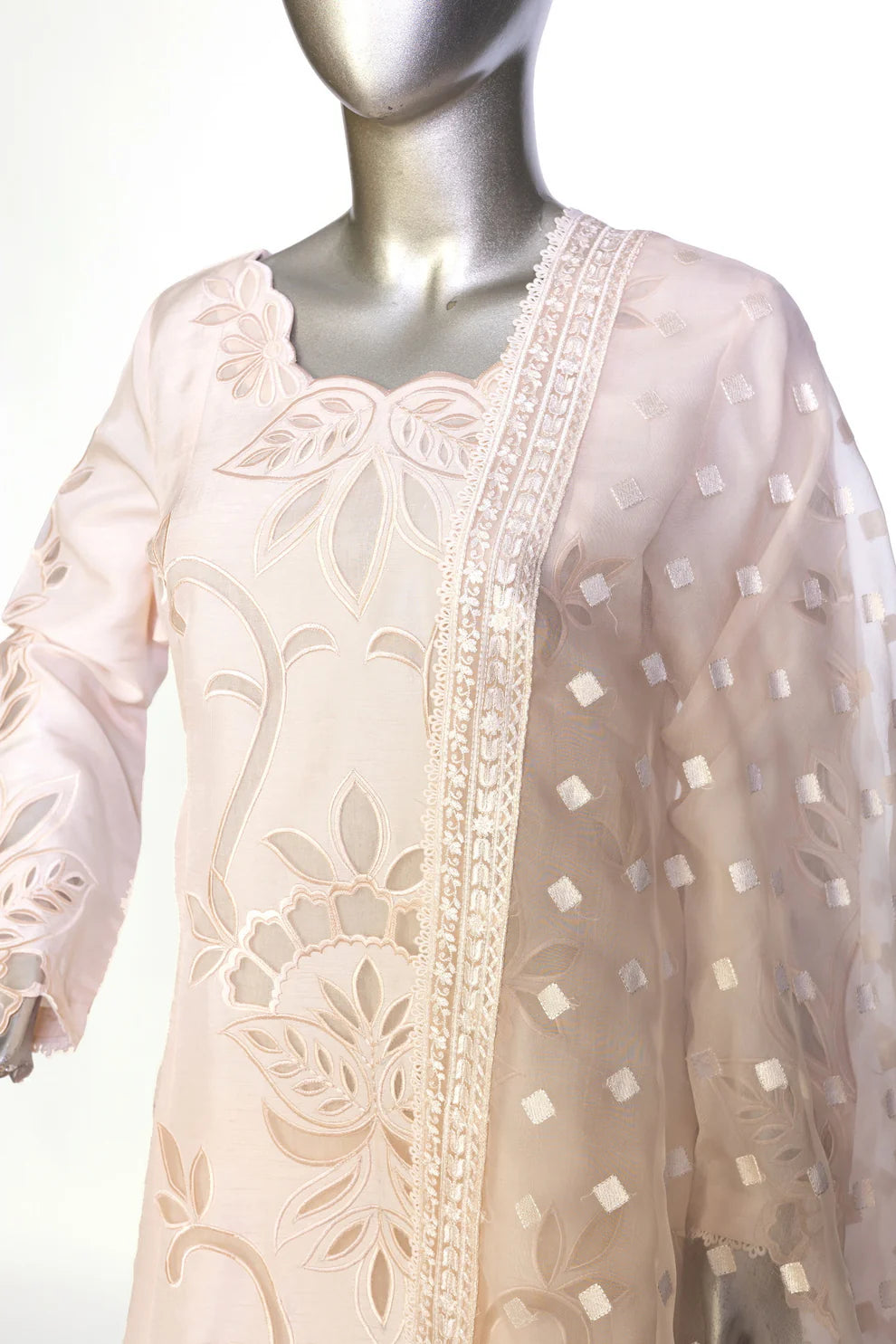 Mahjabeen – Festive Wear Pearl White Suit with Elegant Cutwork