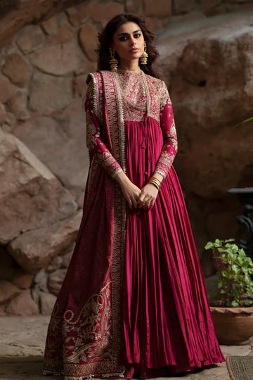 Saad Bin Shahzad Pink Silk Pishwas Mahnaz With Printed Lehenga And Satin Silk Dupatta For Sangeet Night Pakistanimoda.