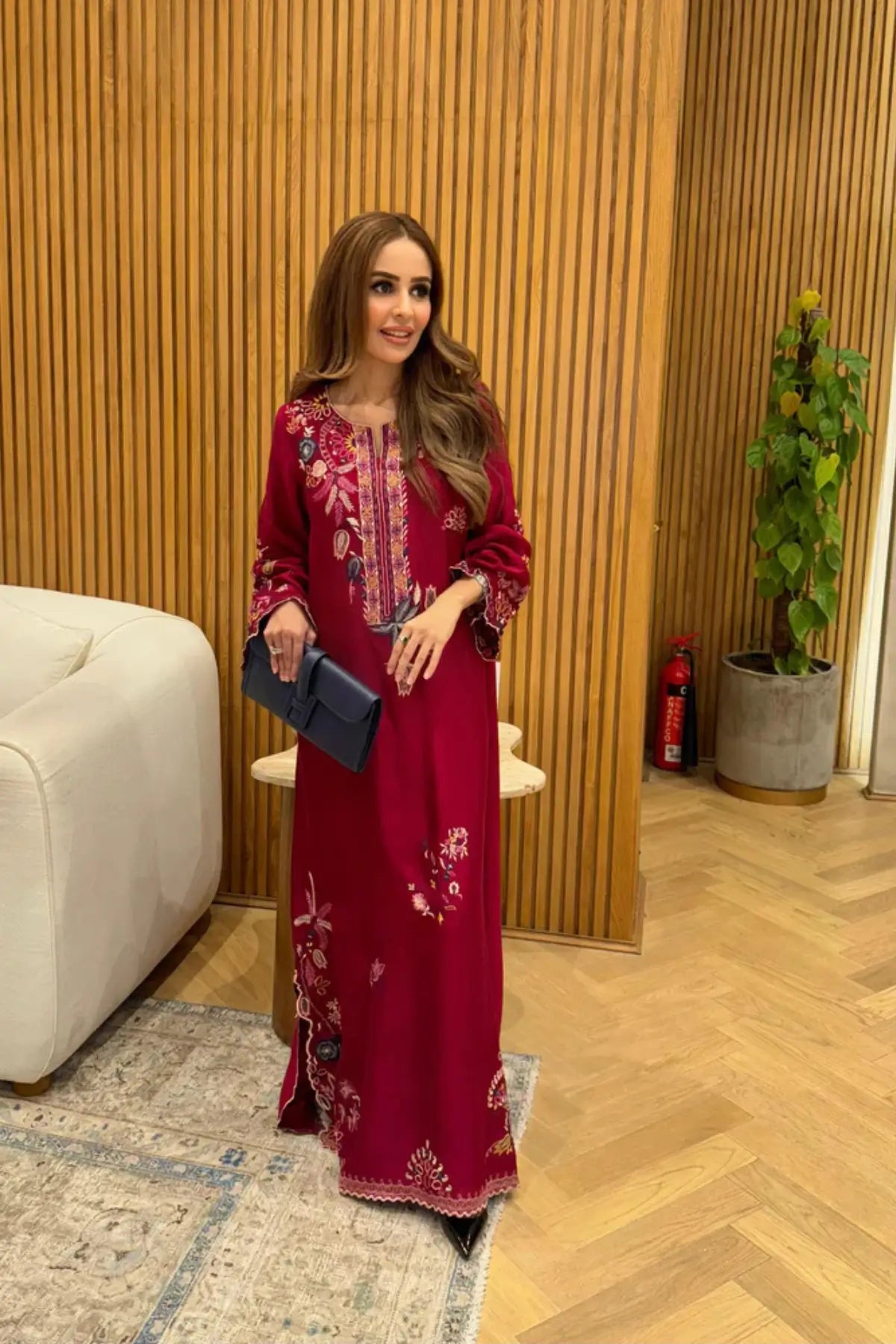 Crimson Mahnoor designer kaftan in khaadi silk with detailed cutwork finish
