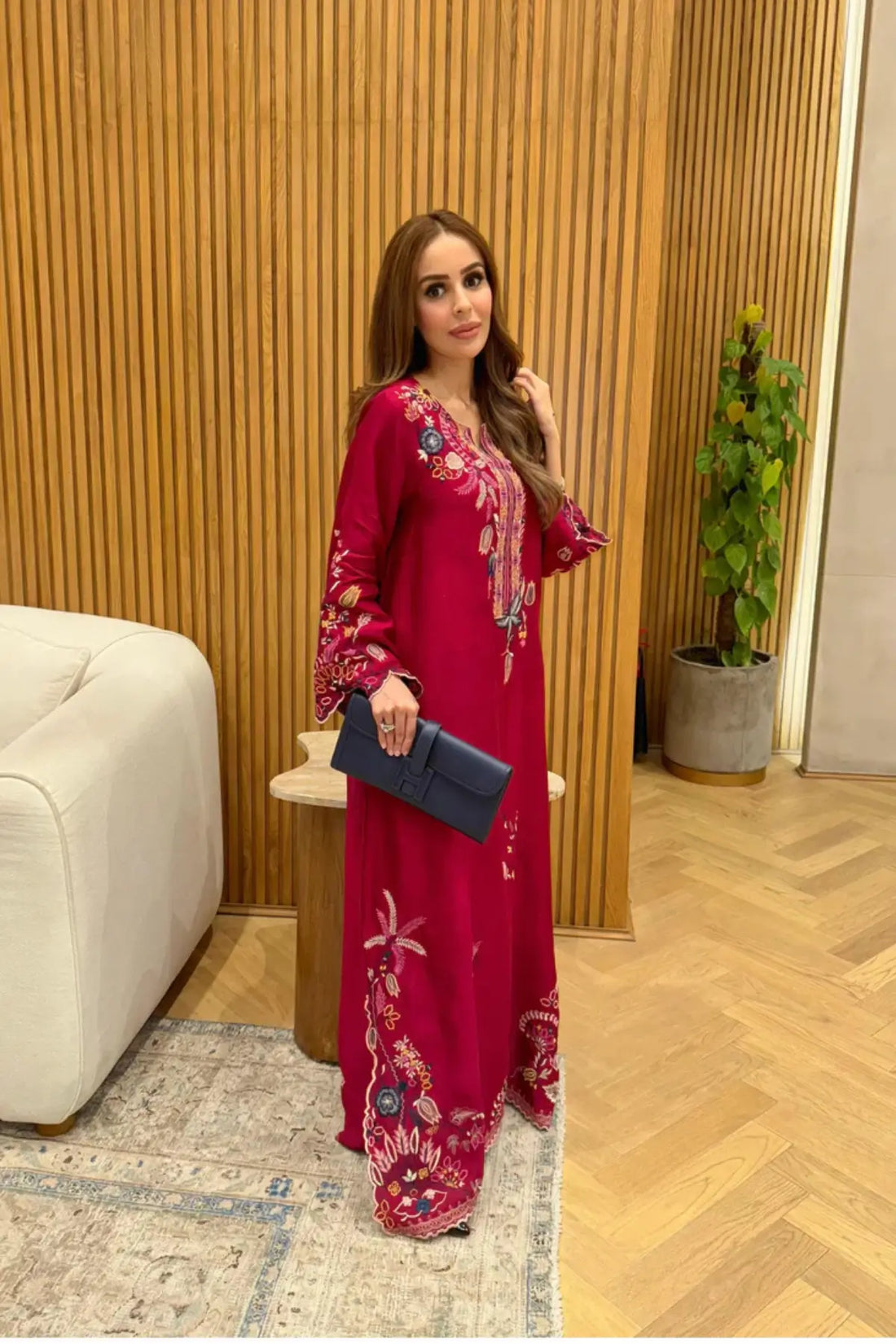 Crimson Mahnoor designer kaftan in khaadi silk with detailed cutwork finish