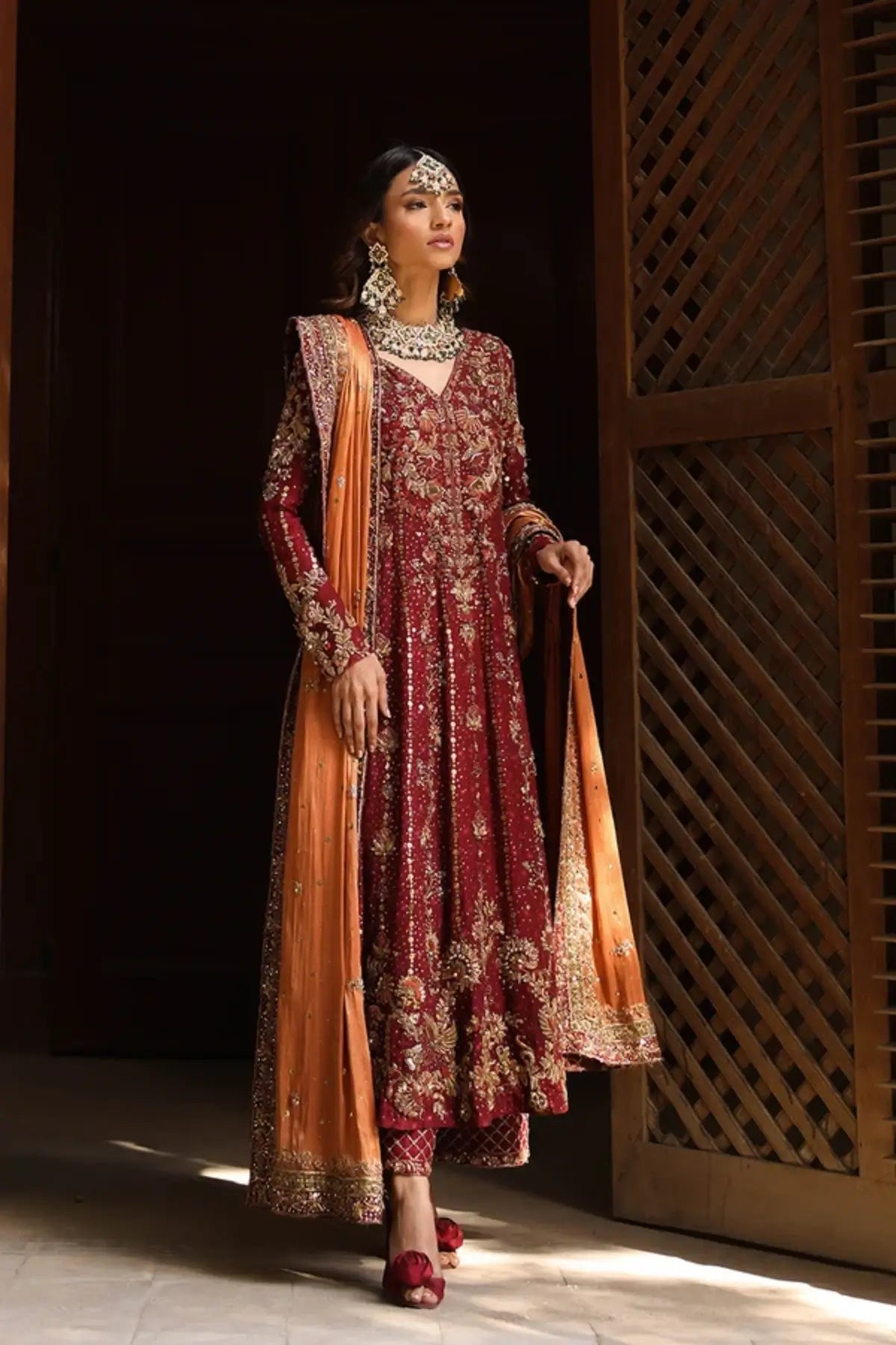 Mahnoor Maroon Hand Embellished Silk Net A-Line Formal Shirt with Gold Zardozi Work, Cotton Silk Pants and Contrast Lame Dupatta