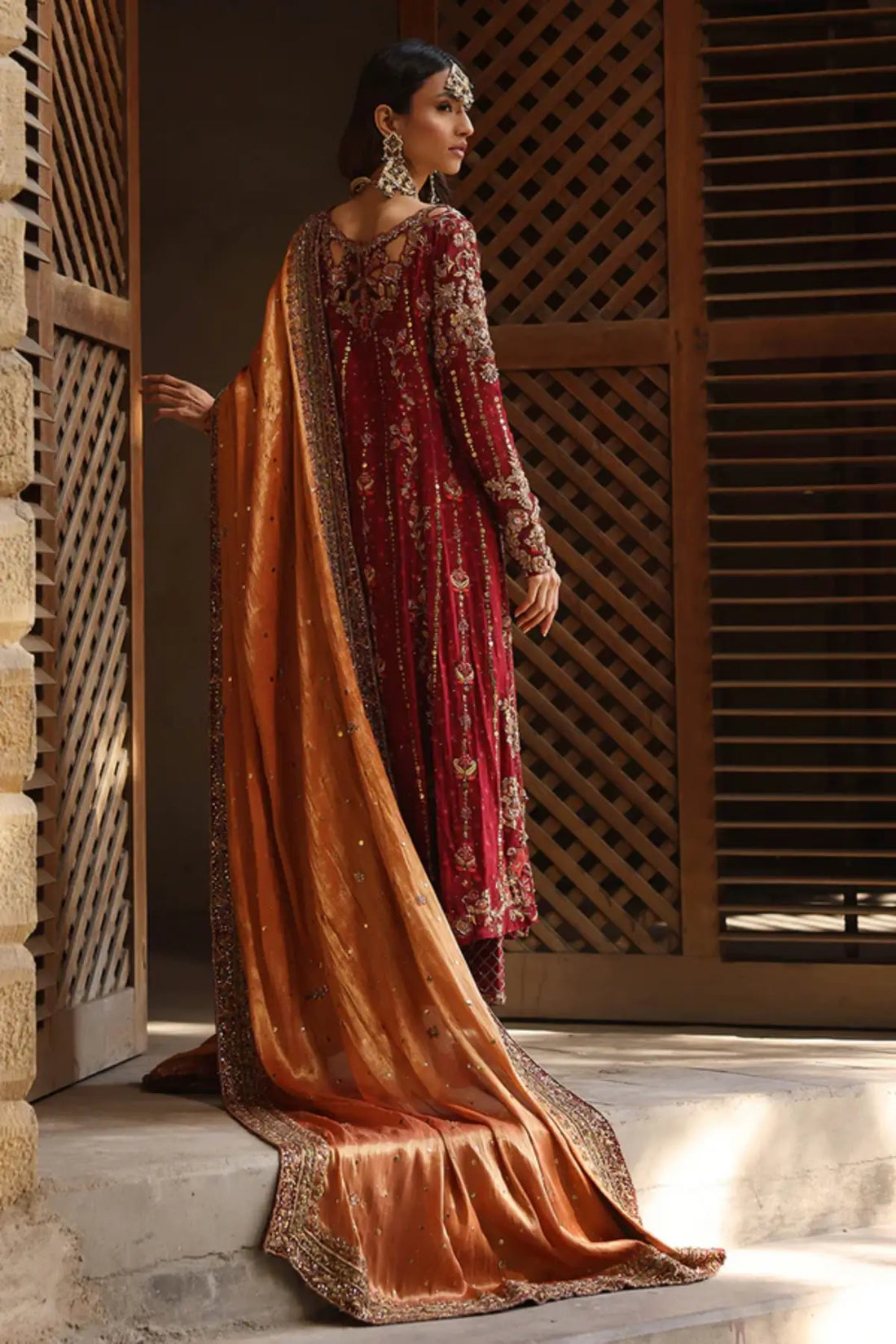 Mahnoor Maroon Hand Embellished Silk Net A-Line Formal Shirt with Gold Zardozi Work, Cotton Silk Pants and Contrast Lame Dupatta