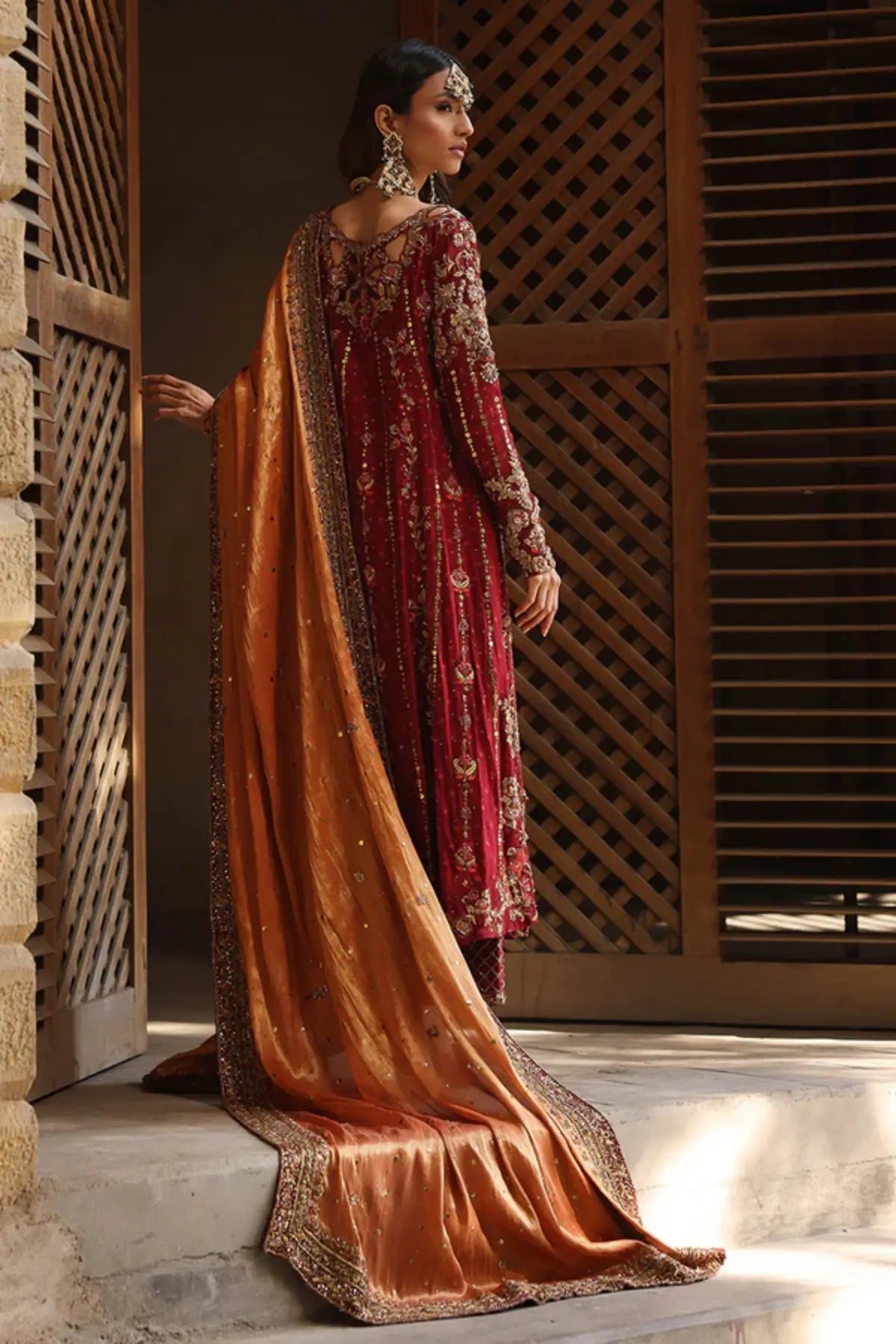 Mahnoor Maroon Hand Embellished Silk Net A-Line Formal Shirt with Gold Zardozi Work, Cotton Silk Pants and Contrast Lame Dupatta