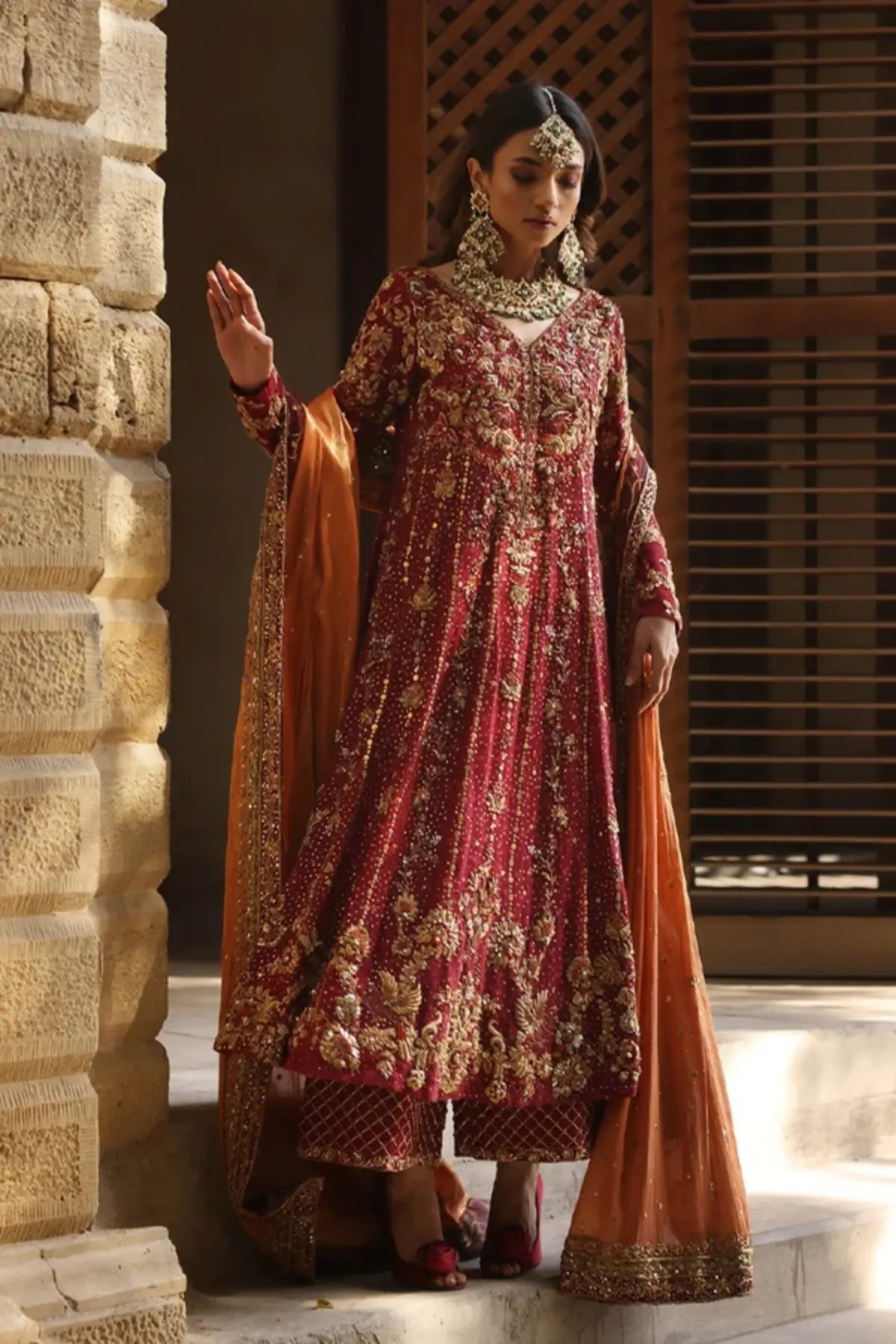 Mahnoor Maroon Hand Embellished Silk Net A-Line Formal Shirt with Gold Zardozi Work, Cotton Silk Pants and Contrast Lame Dupatta