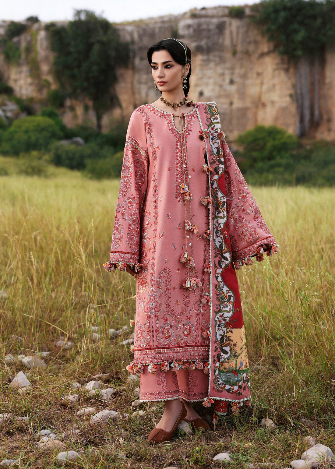 Hussain Rehar Mahpara pink embroidered khaddar stitched suit with rust printed wool shawl at Pakistanimoda.