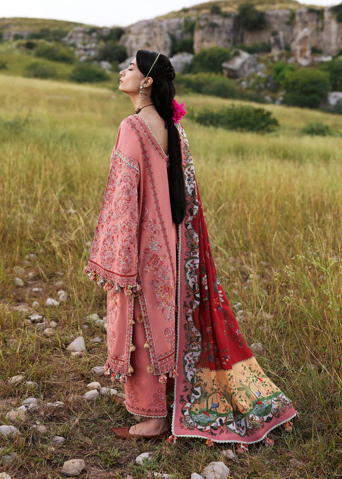 Hussain Rehar Mahpara pink embroidered khaddar stitched suit with rust printed wool shawl at Pakistanimoda.