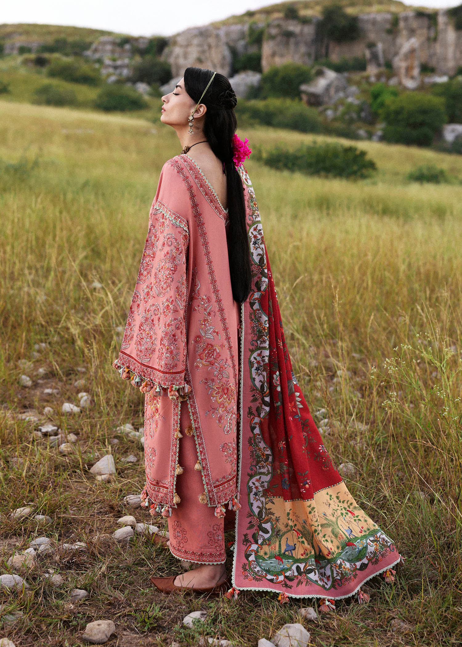 Hussain Rehar Mahpara pink embroidered khaddar stitched suit with rust printed wool shawl at Pakistanimoda.
