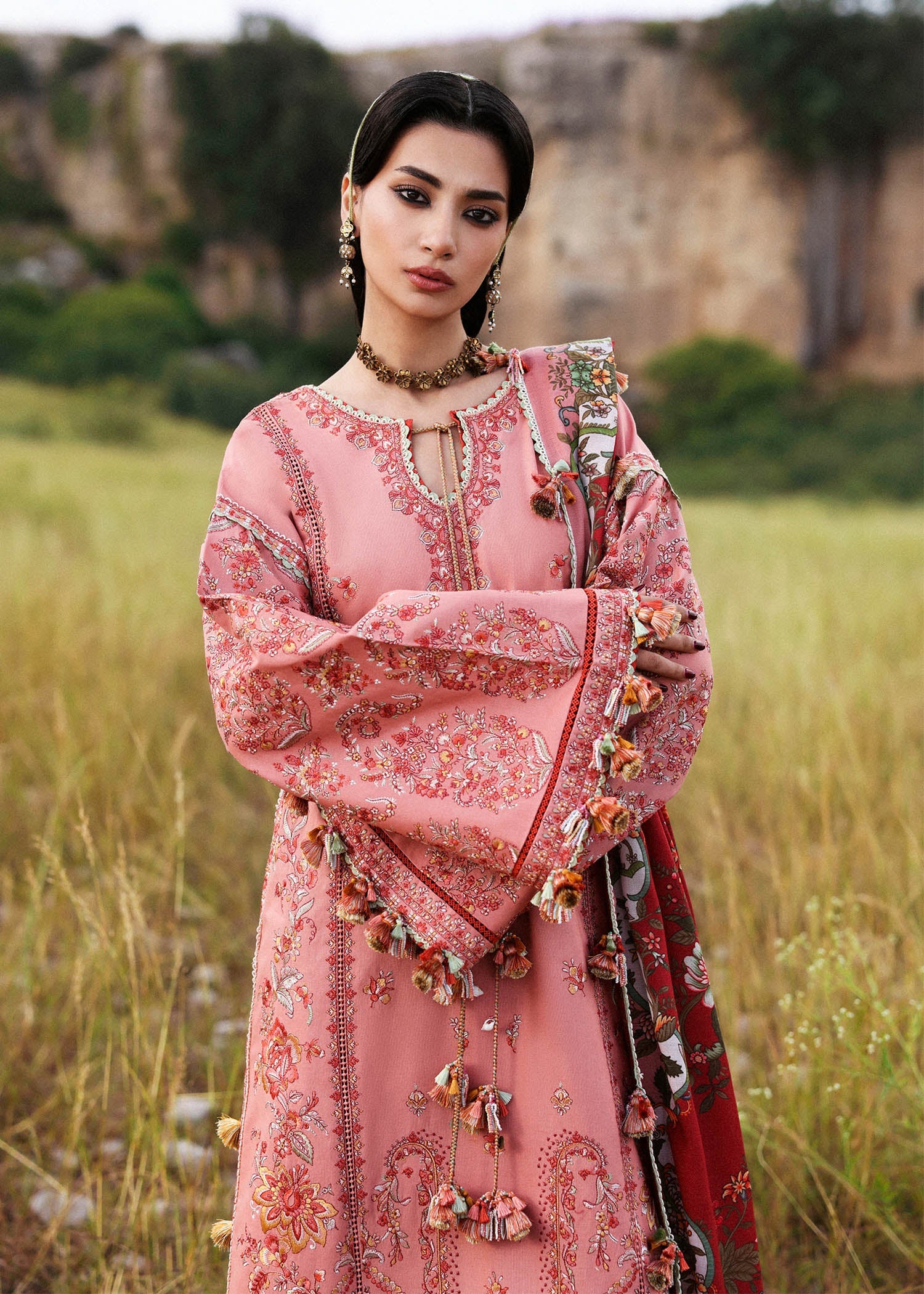 Hussain Rehar Mahpara pink embroidered khaddar stitched suit with rust printed wool shawl at Pakistanimoda.