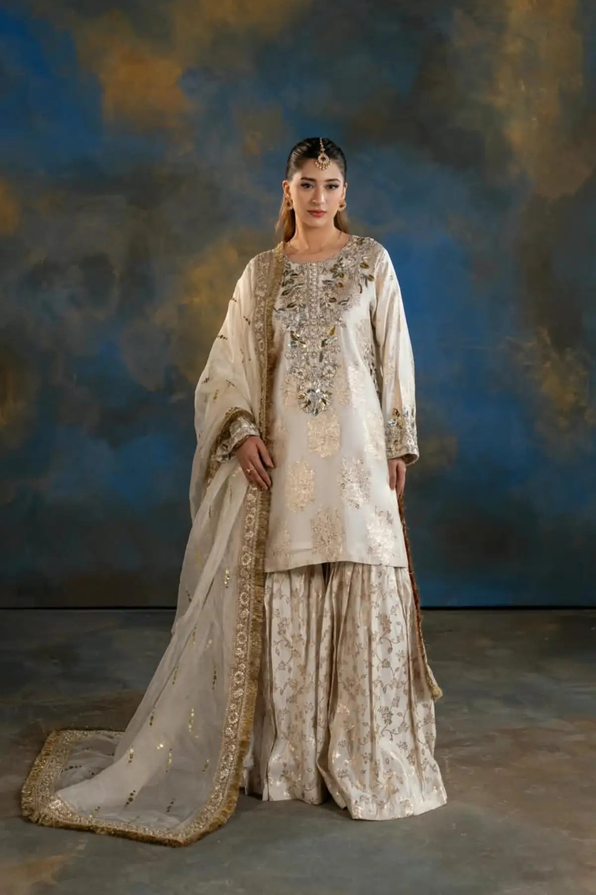Mahpara ivory printed Sheesha Mukesh gharara suit with organza dupatta from Afsanah Collection by MariamRaj