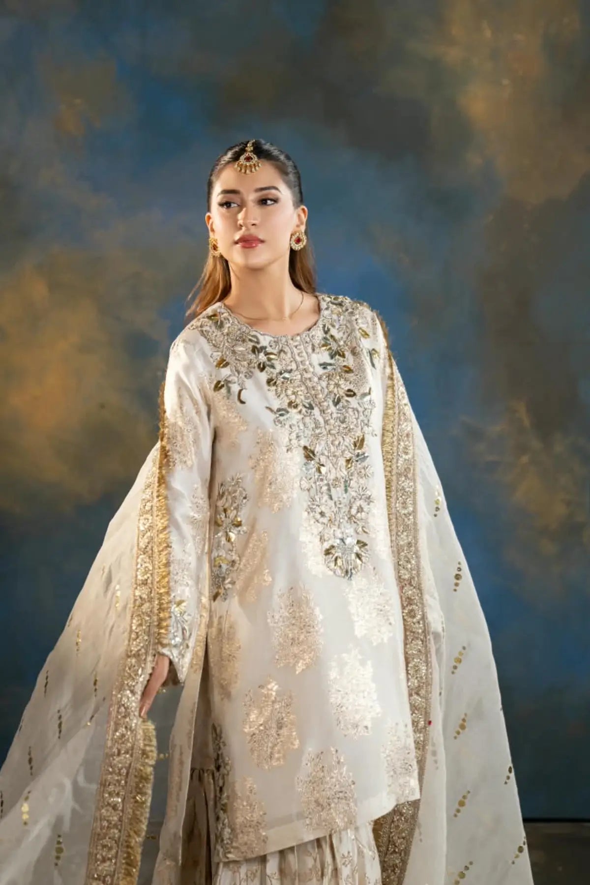 Mahpara ivory printed Sheesha Mukesh gharara suit with organza dupatta from Afsanah Collection by MariamRaj