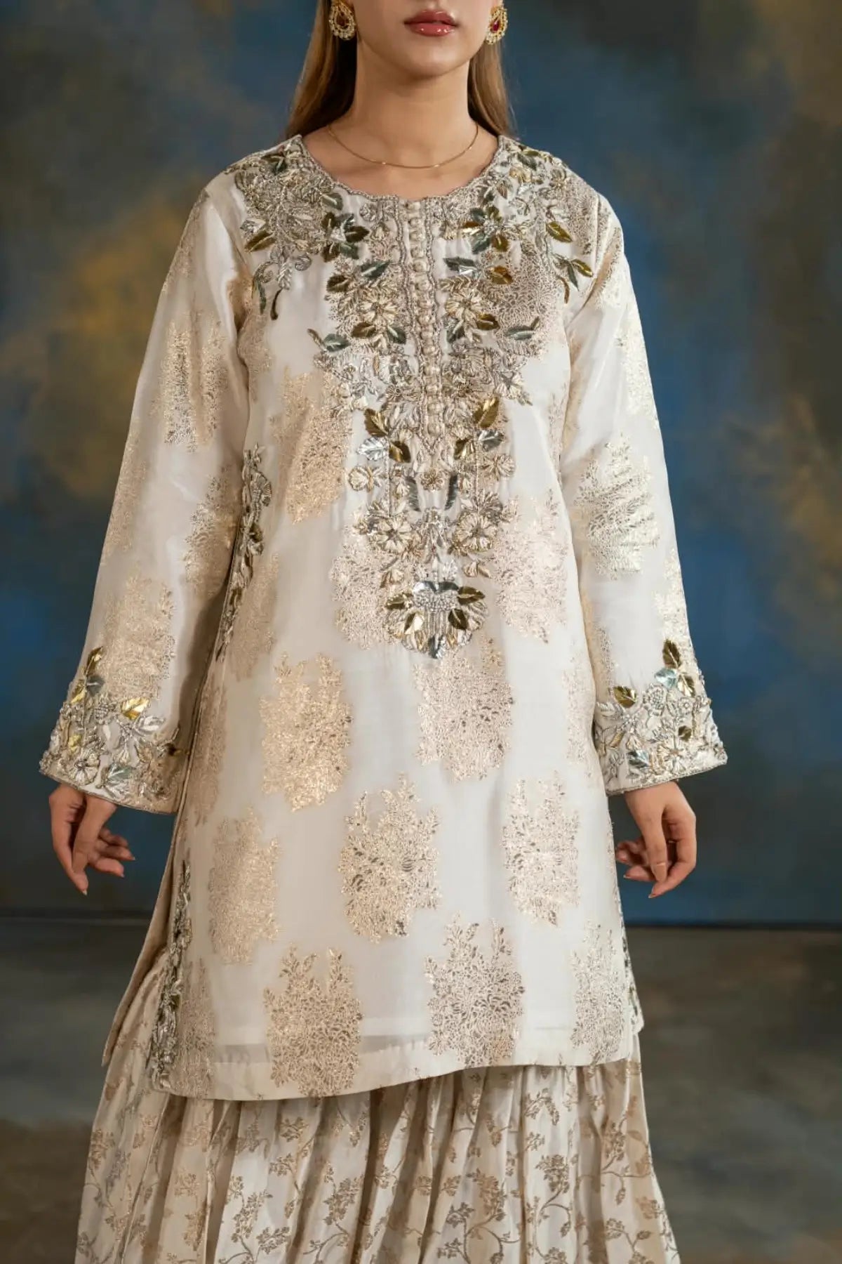 Mahpara ivory printed Sheesha Mukesh gharara suit with organza dupatta from Afsanah Collection by MariamRaj