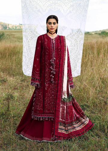 Hussain Rehar Mahrani red embroidered khaddar stitched suit with printed wool shawl at Pakistanimoda.