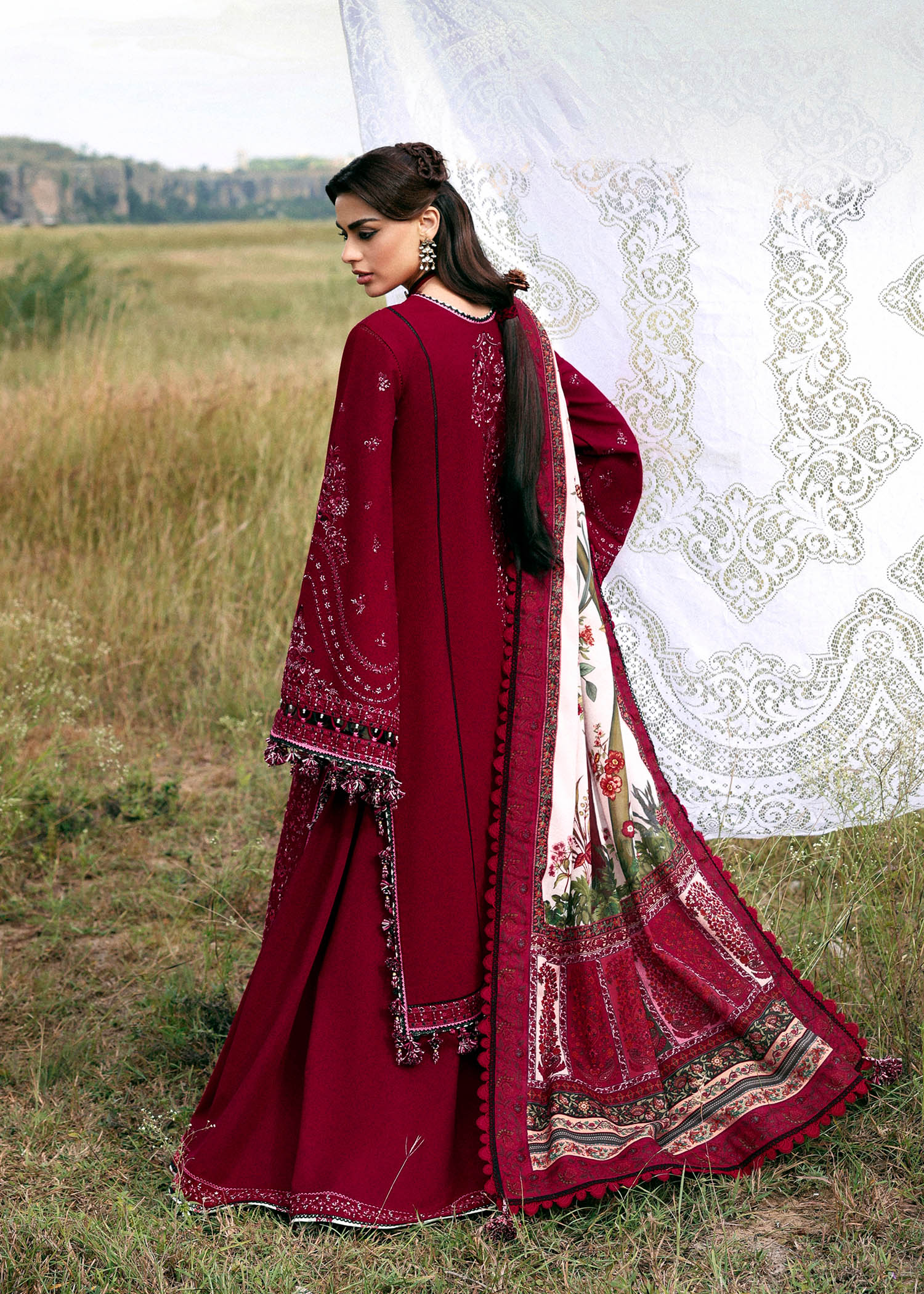 Hussain Rehar Mahrani red embroidered khaddar stitched suit with printed wool shawl at Pakistanimoda.