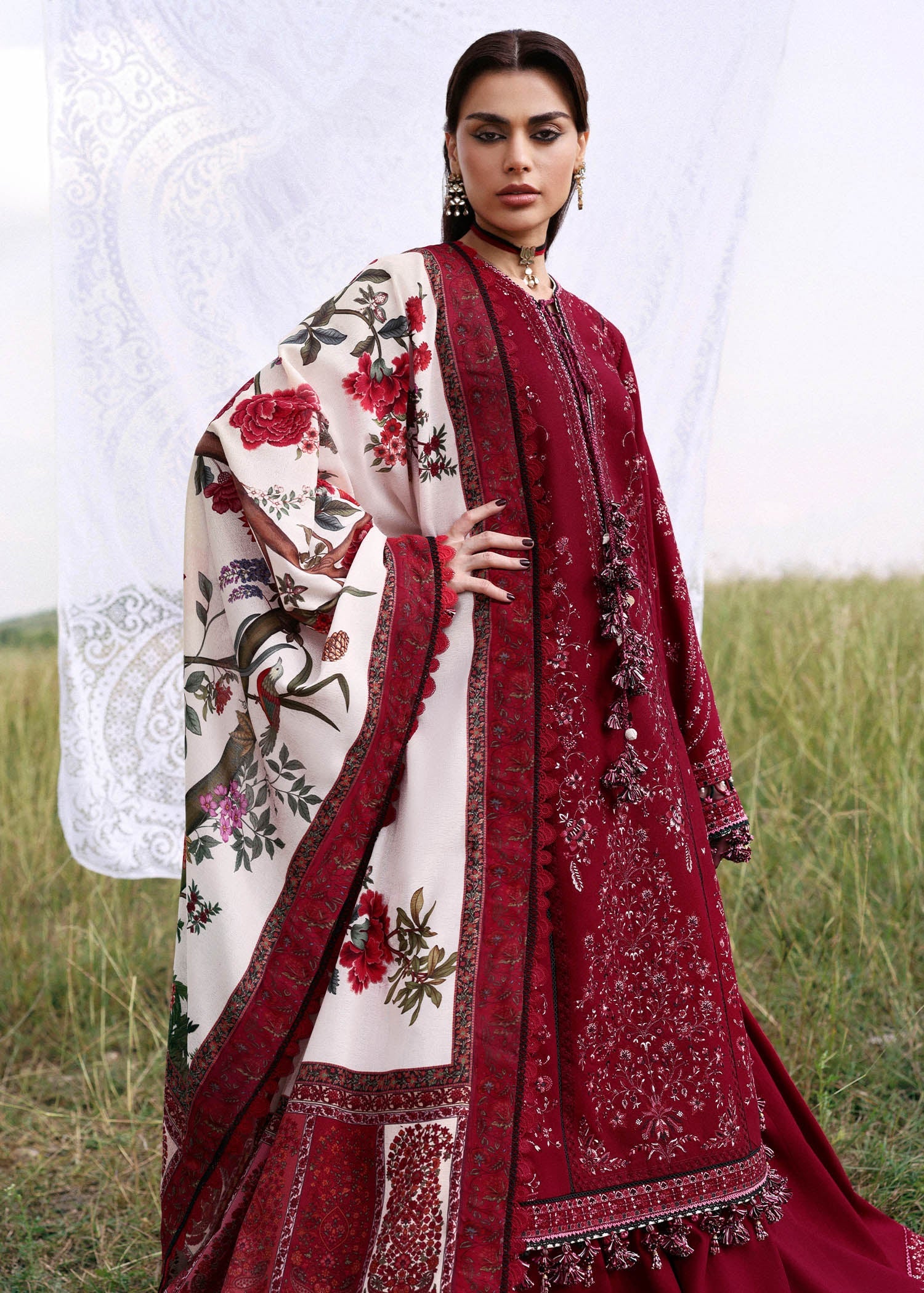 Hussain Rehar Mahrani red embroidered khaddar stitched suit with printed wool shawl at Pakistanimoda.