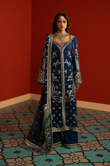 Mahreen Afrozeh navy raw silk Pakistani formal dress DIVANI 2025 stitched Pakistanimoda